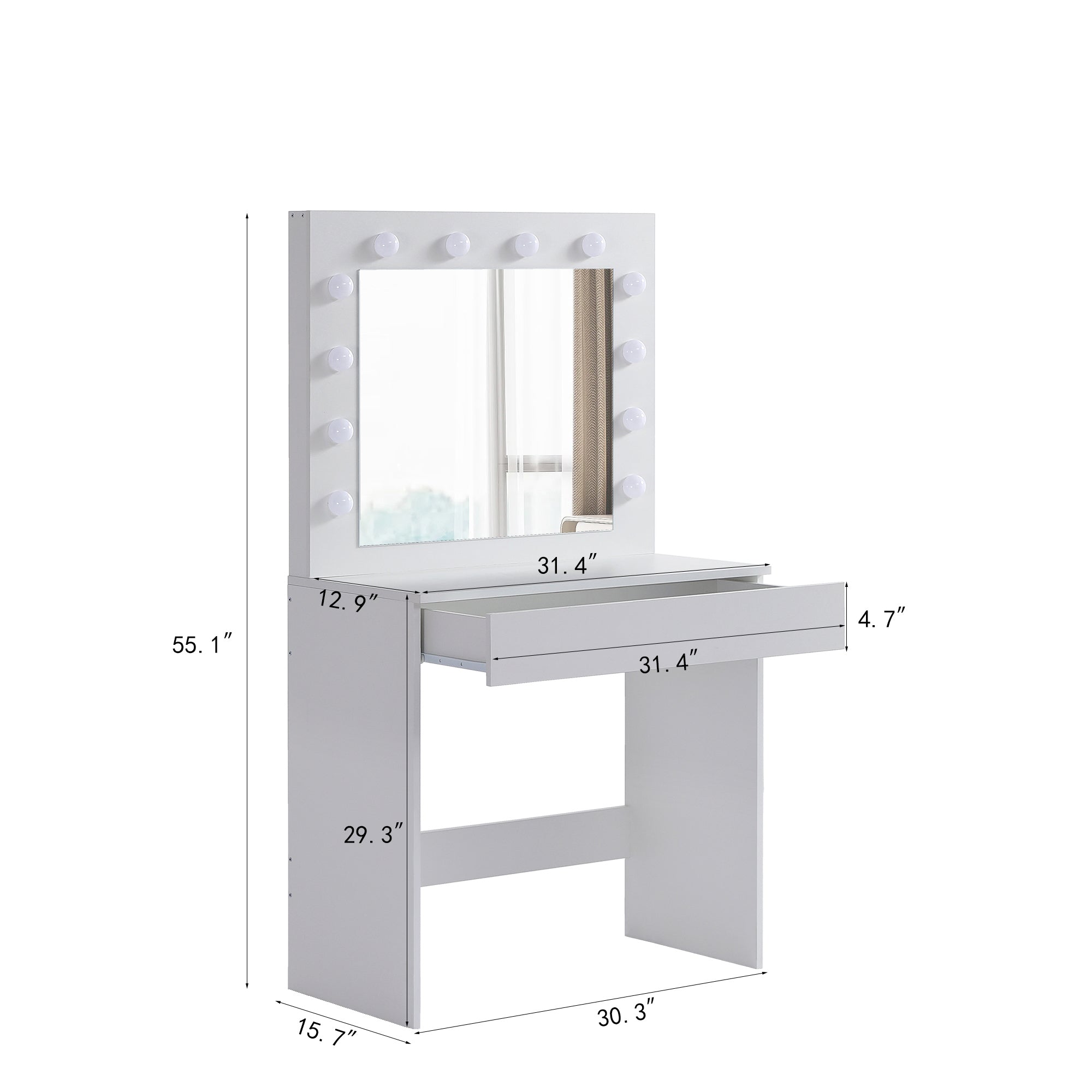 Lighted Vanity Table w/ Mirror & Stool - White-American Furniture Outlet