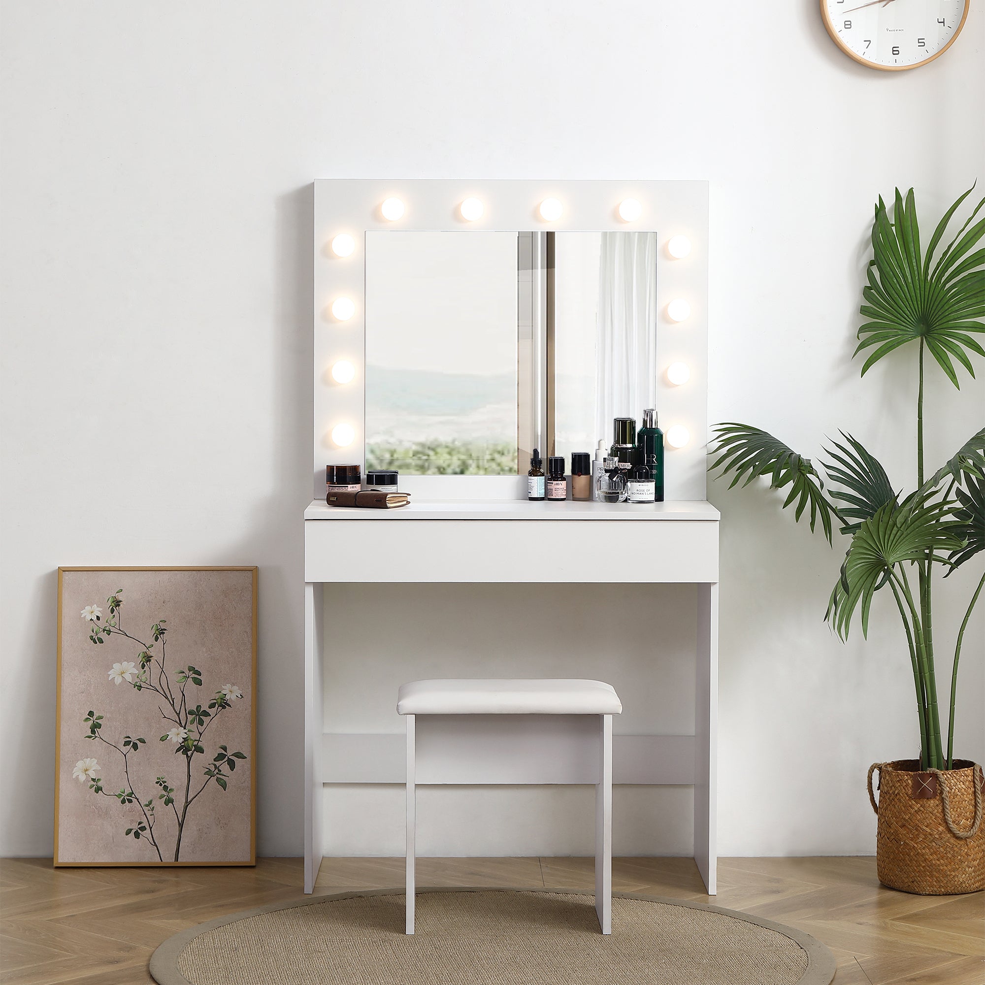 Lighted Vanity Table w/ Mirror & Stool - White-American Furniture Outlet