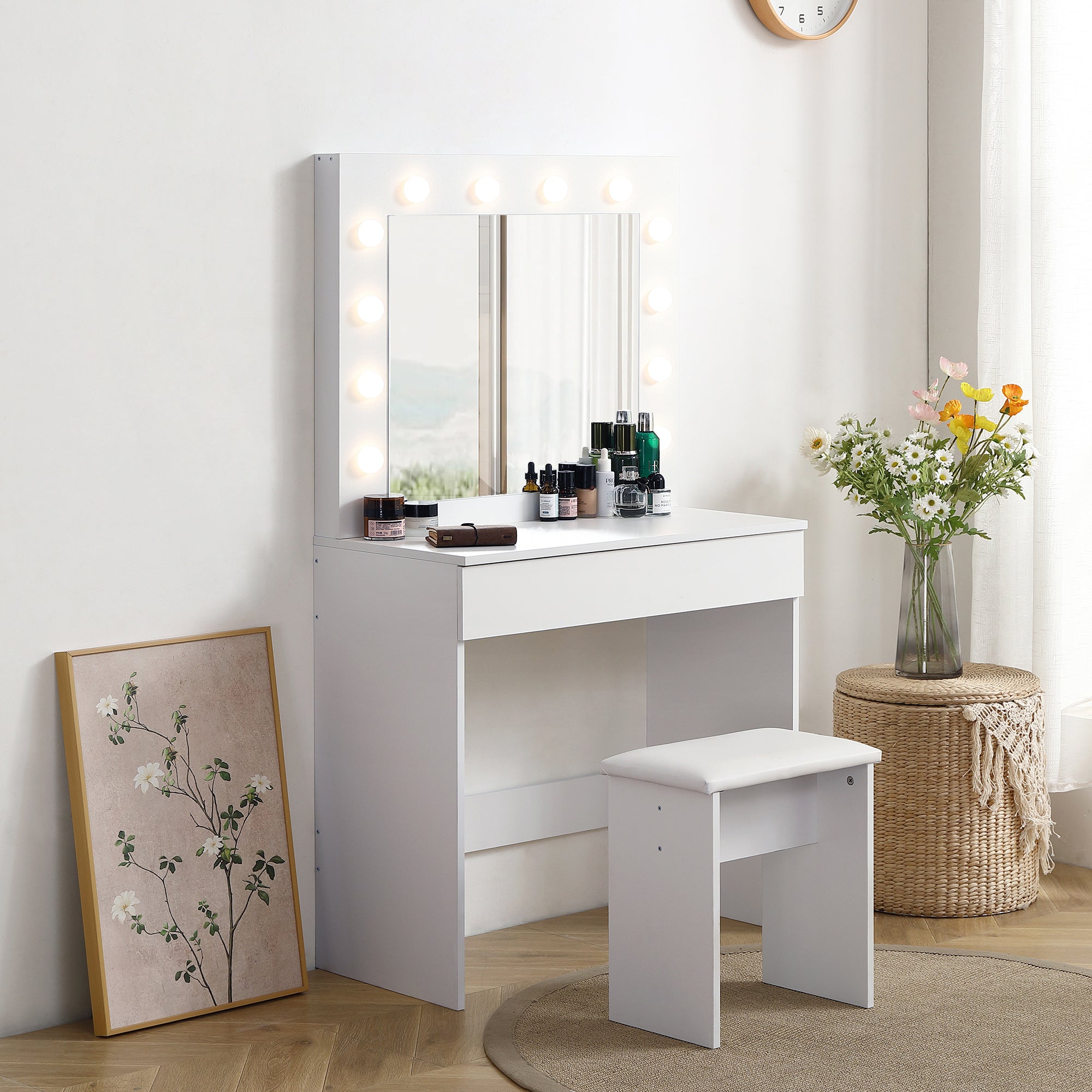 Lighted Vanity Table w/ Mirror & Stool - White-American Furniture Outlet