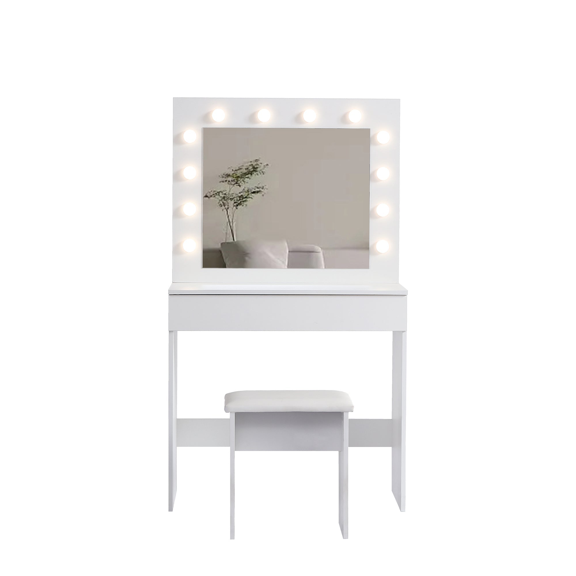 Lighted Vanity Table w/ Mirror & Stool - White-American Furniture Outlet