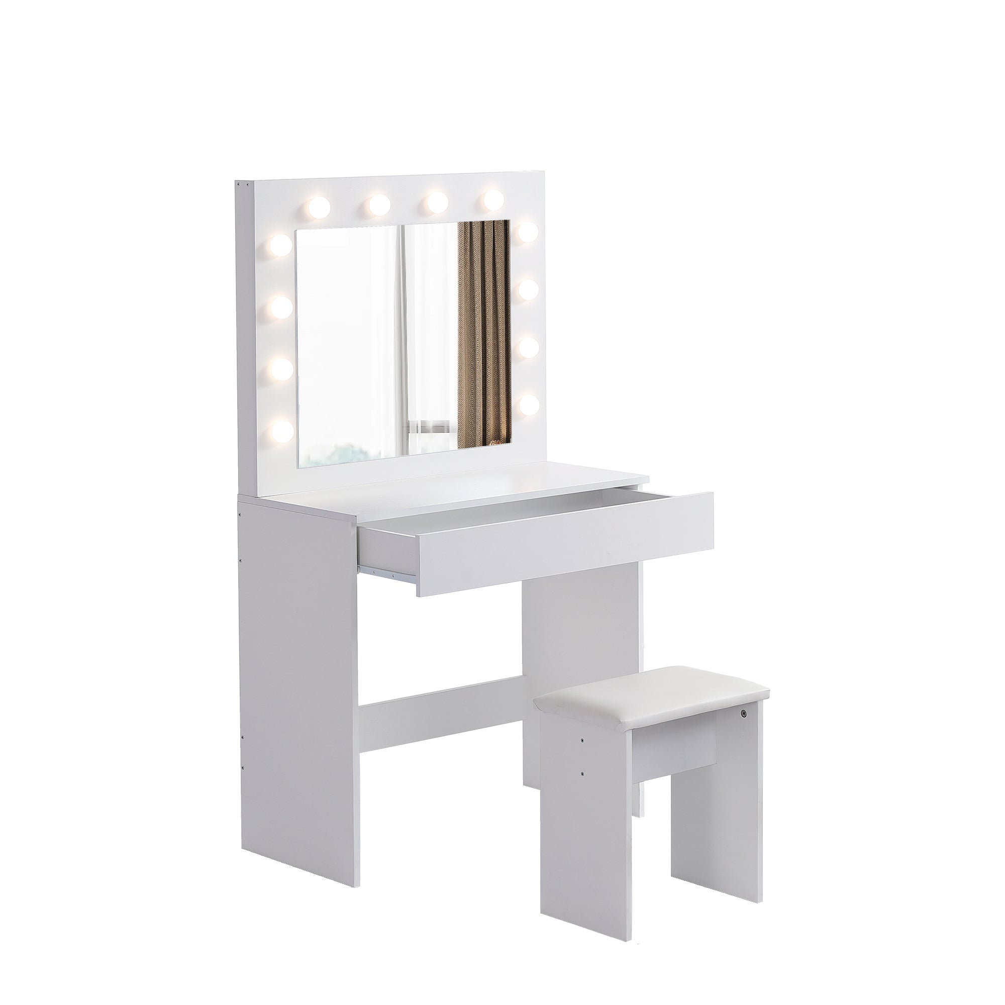 Lighted Vanity Table w/ Mirror & Stool - White-American Furniture Outlet