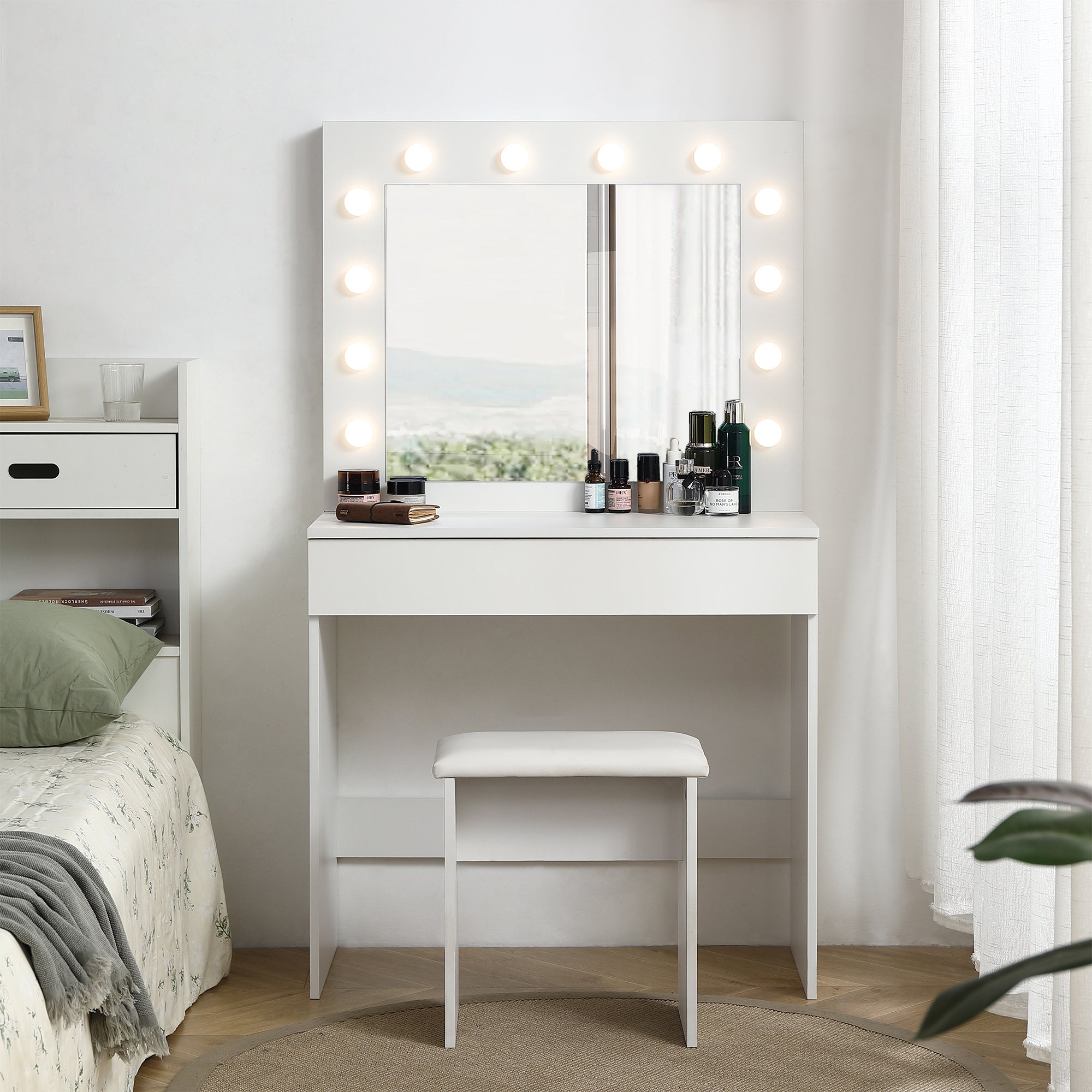 Lighted Vanity Table w/ Mirror & Stool - White-American Furniture Outlet