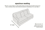 Sectional sofa seating diagram with spacious seating and 44+ depth measure labels