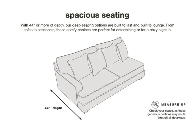Sectional sofa seating diagram with spacious seating and 44+ depth measure labels