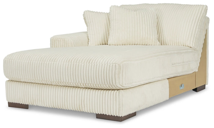 Ivory corduroy sectional sofa chaise with back pillows and upholstered seat
