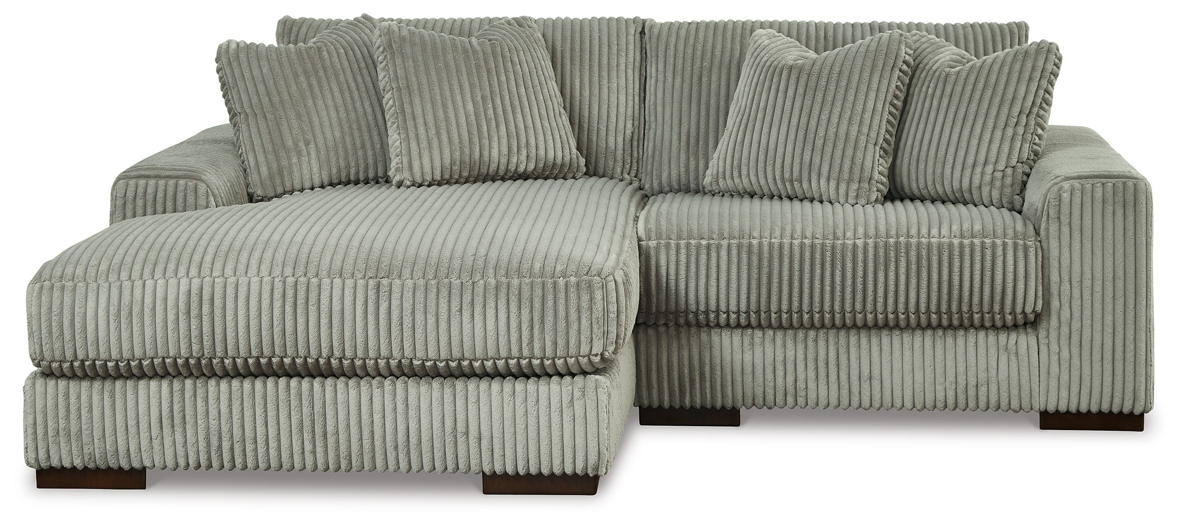 Light gray corduroy L-shaped sectional sofa with seat and back cushions