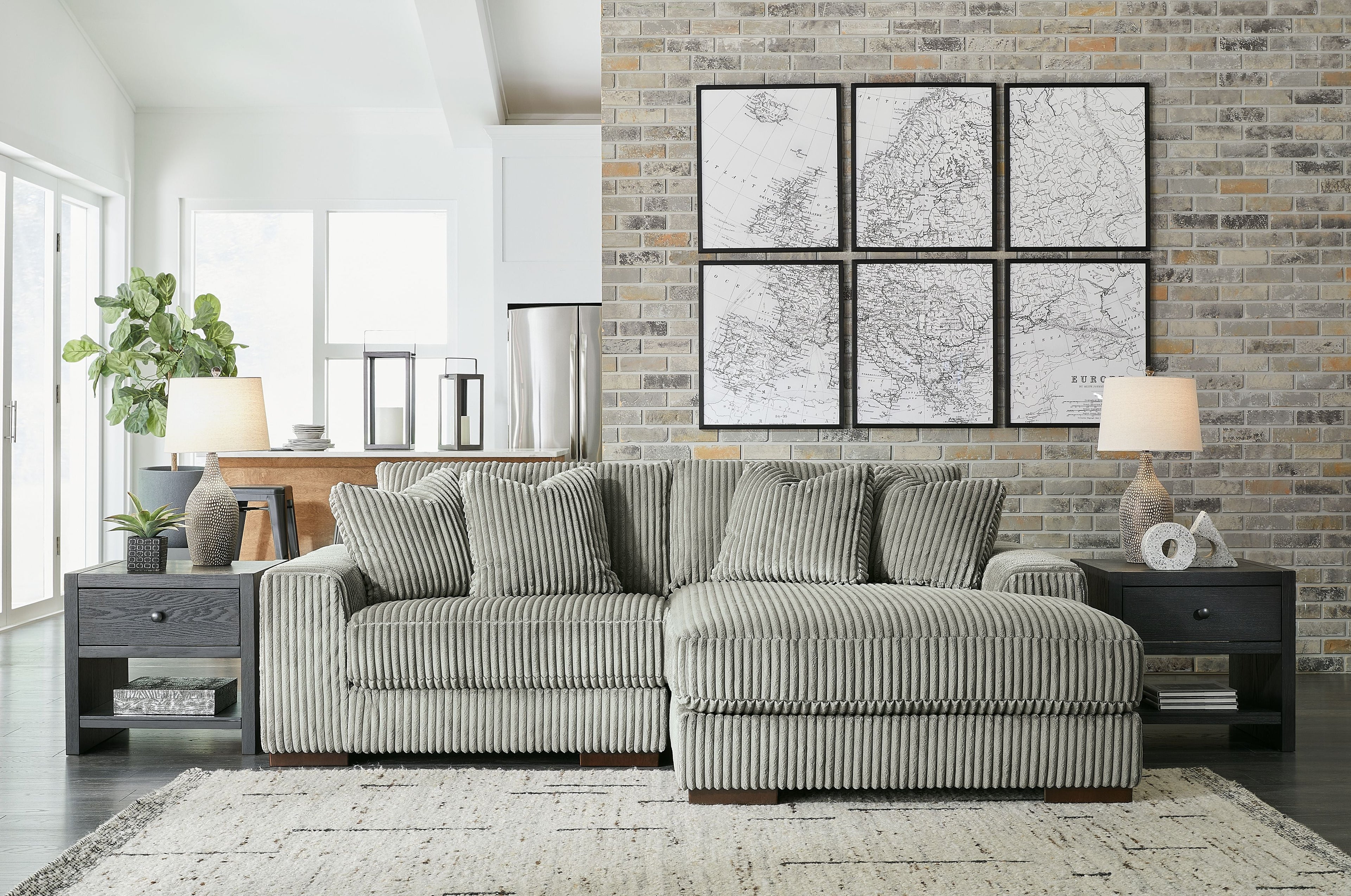 Fog striped sectional sofa with deep seat cushions and two back throw pillows