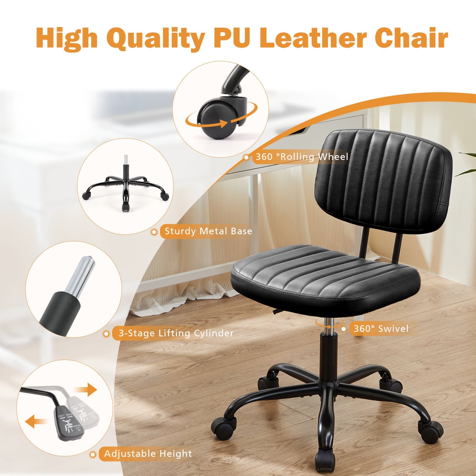 Low Back Task Chair, PU Leather- Black-American Furniture Outlet