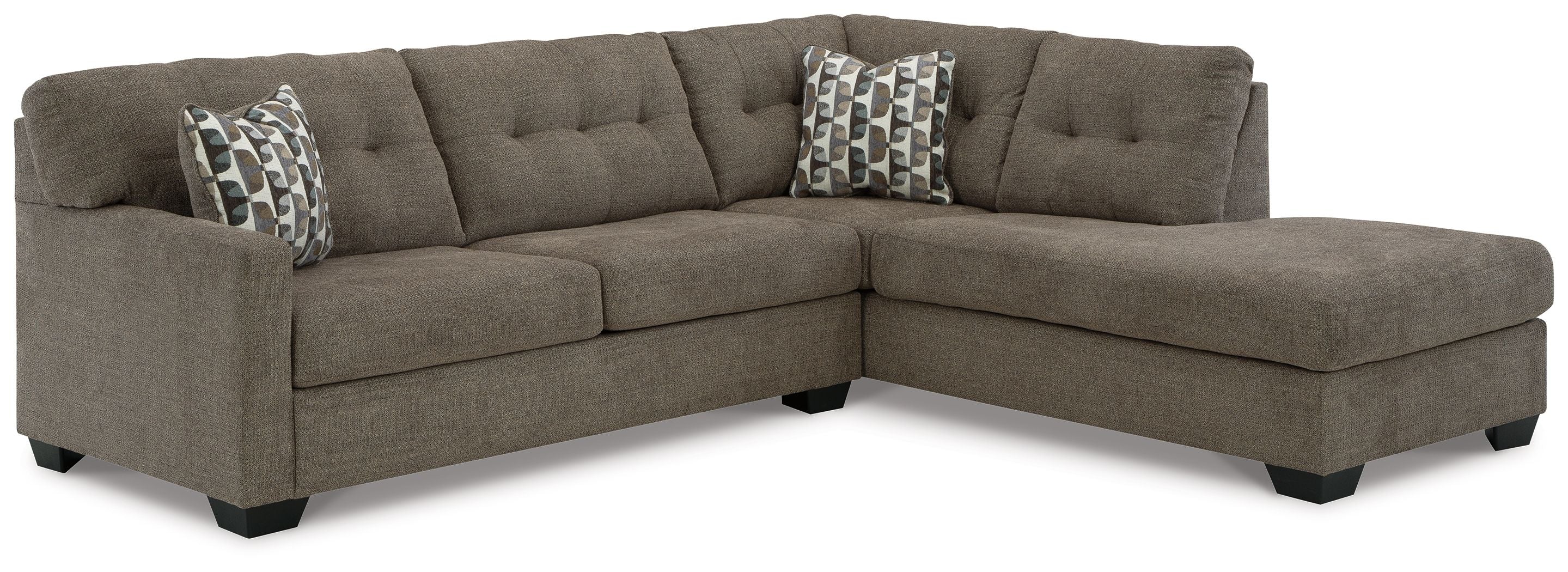 Sectional sofa with tufted back and arms, dark gray fabric, corner chaise and throw pillows