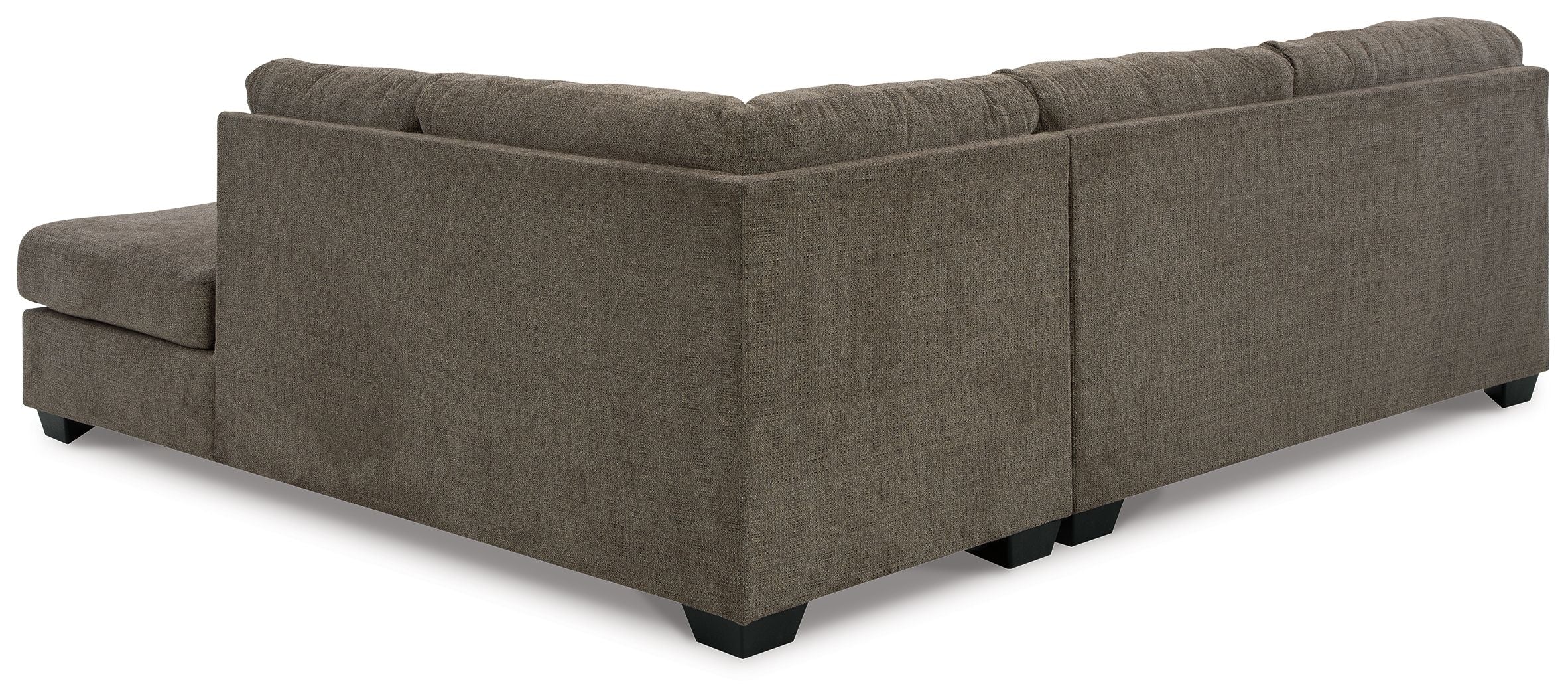 Corner sectional sofa with tufted seat and armrests, dark gray upholstery and black legs