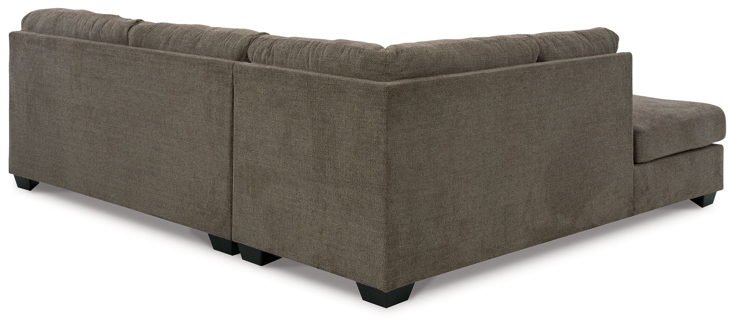 Sectional sofa with tufted back and arms, dark gray fabric, corner chaise with black legs