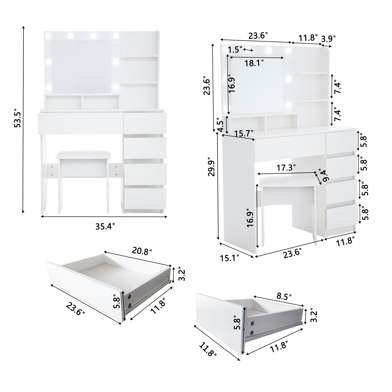 Makeup Vanity Set w/ Mirror & Lights - 37" White-American Furniture Outlet