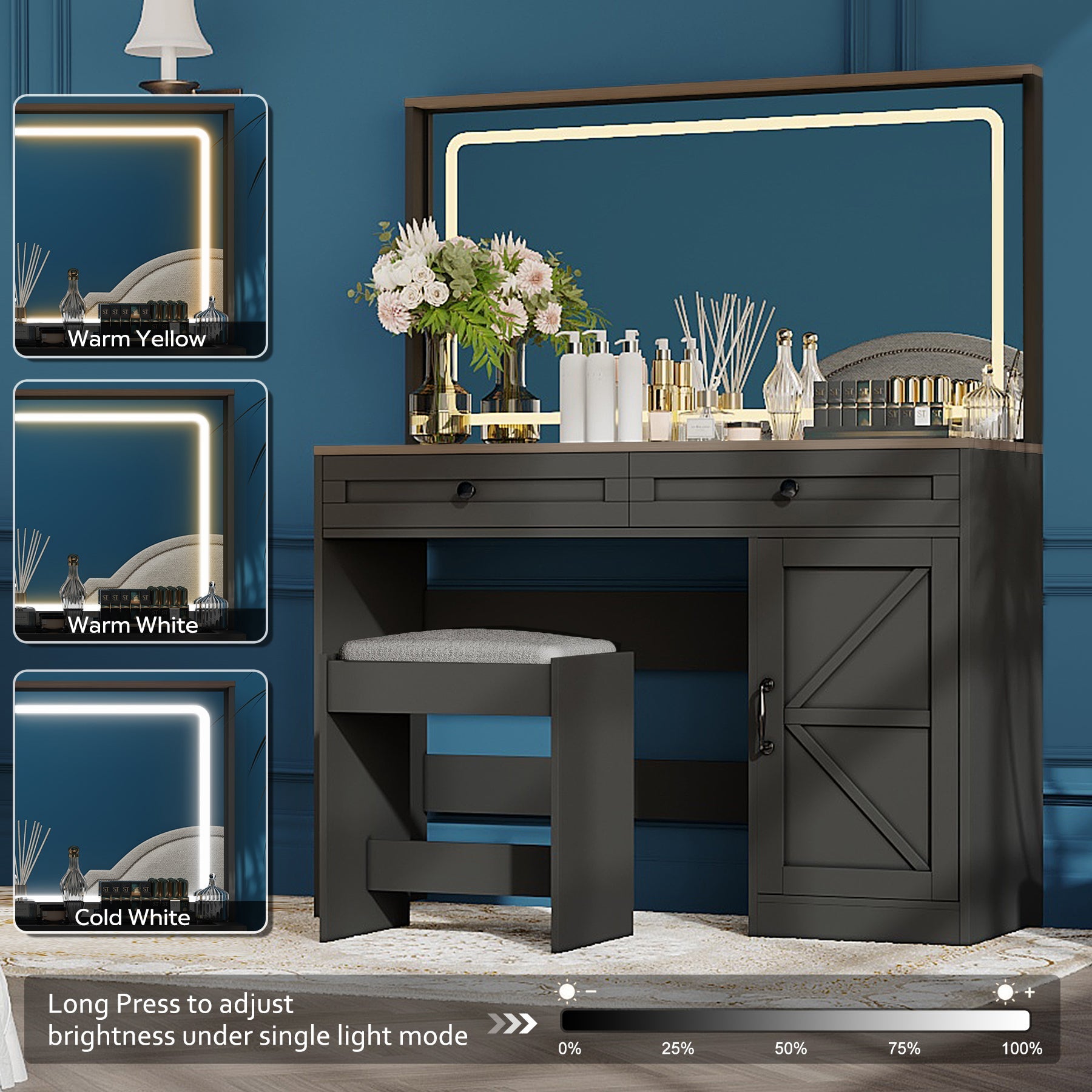 Makeup Vanity Table with Mirror & LED Lights-American Furniture Outlet