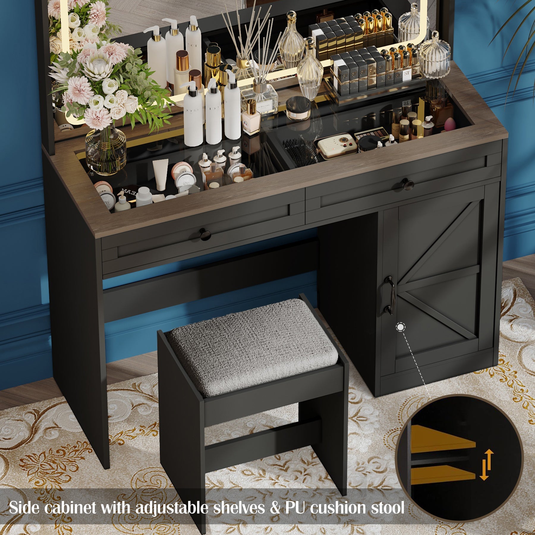 Makeup Vanity Table with Mirror & LED Lights-American Furniture Outlet