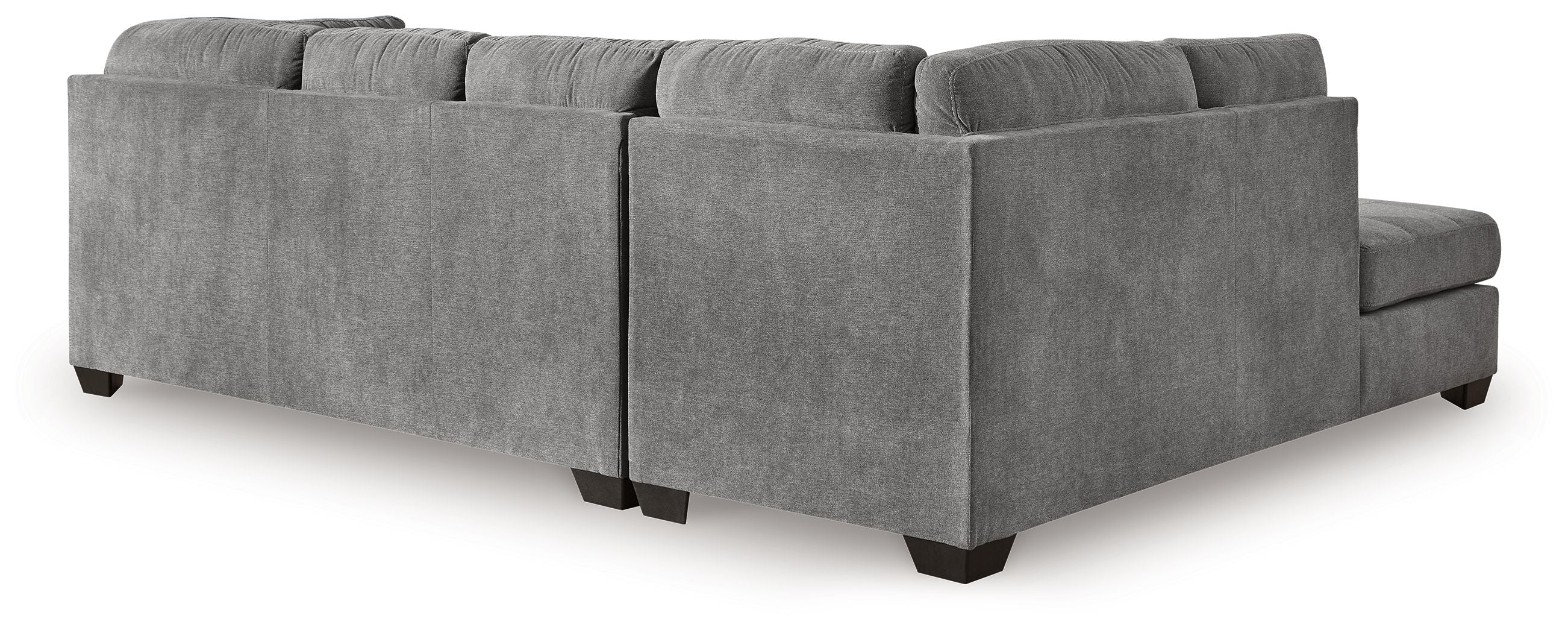 Gray corner chaise sectional sofa viewed from side, with square arms and tufted back