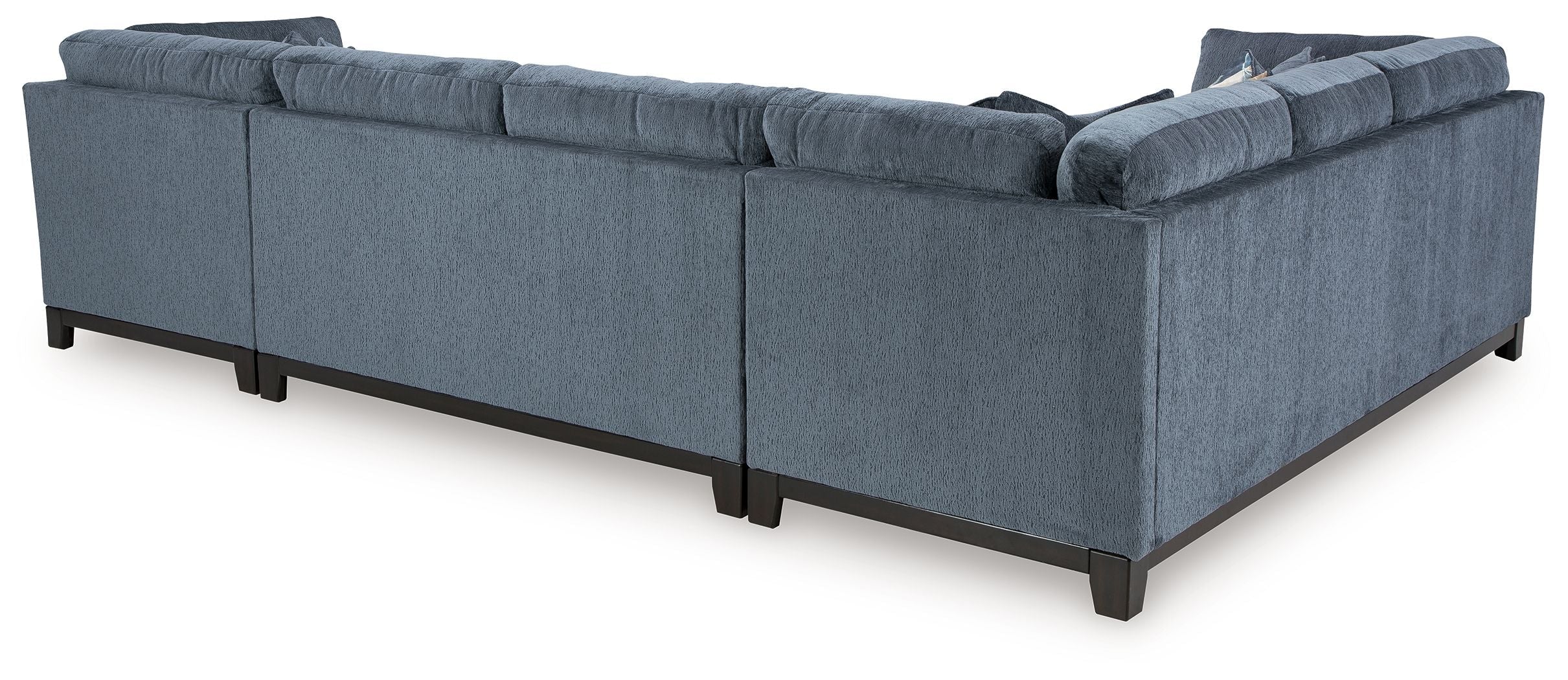 Blue sectional sofa with chaise, boxed arms, and solid seat cushions