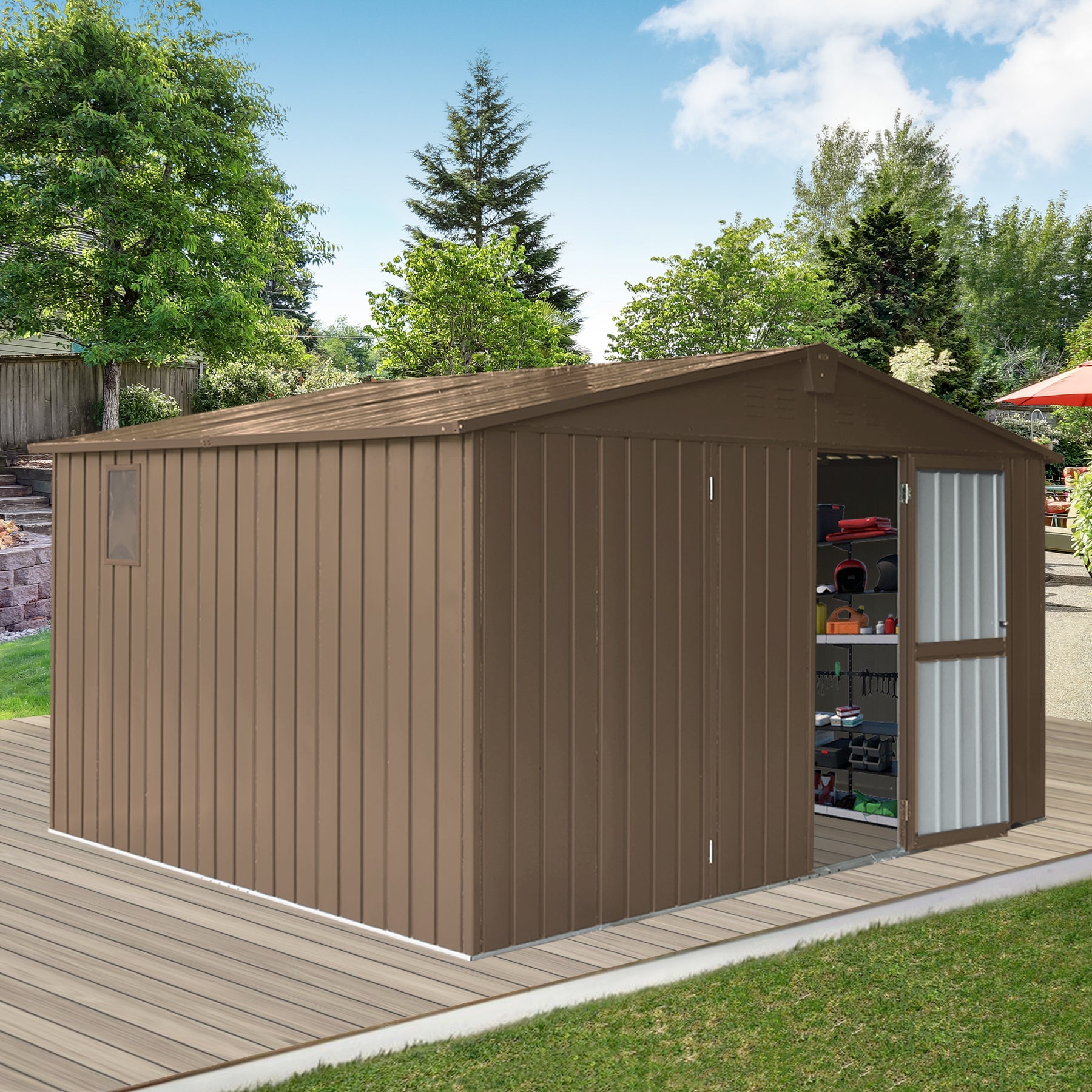 Metal Storage Shed 11'x9' Outdoor Garden Shed - Brown-American Furniture Outlet