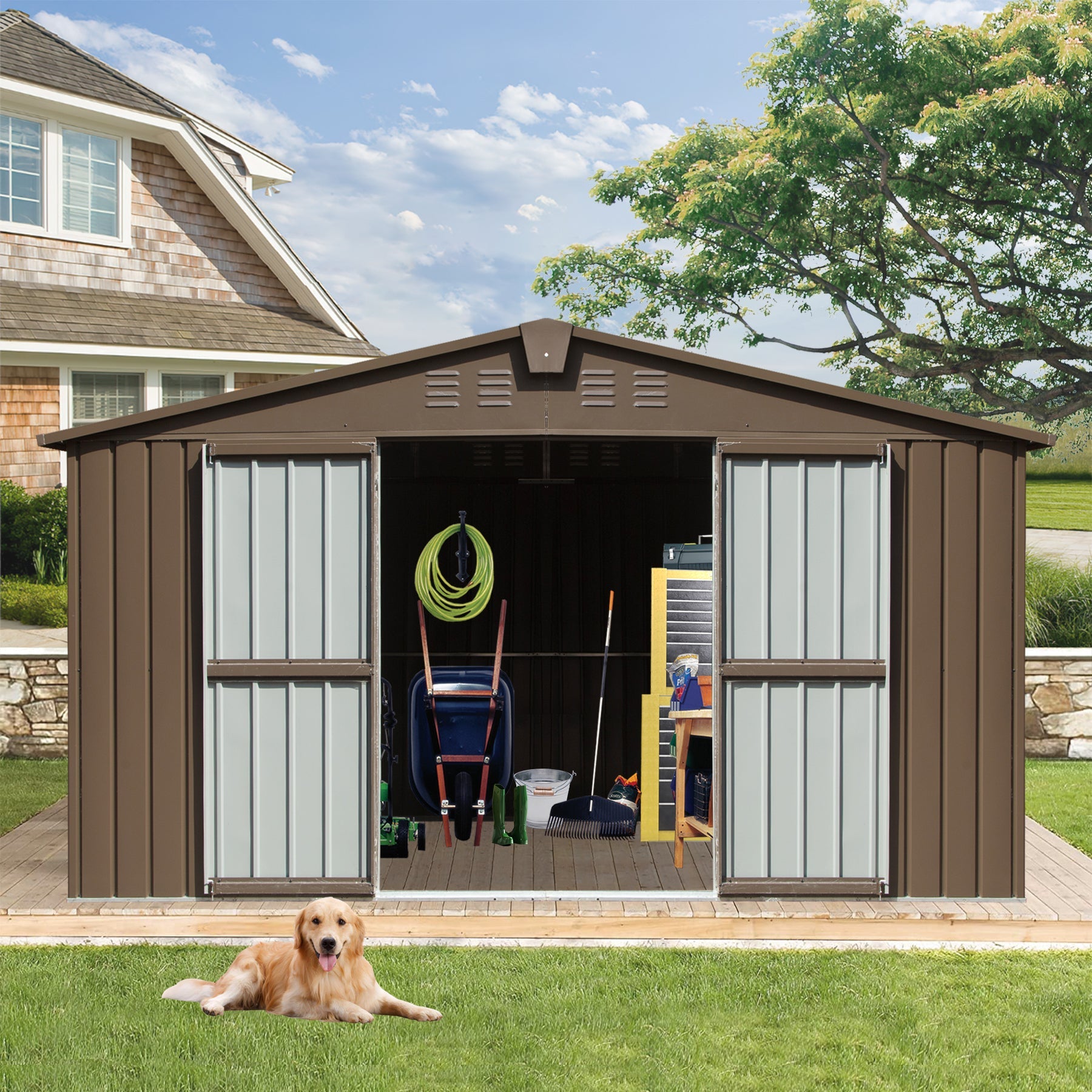 Metal Storage Shed 11'x9' Outdoor Garden Shed - Brown-American Furniture Outlet