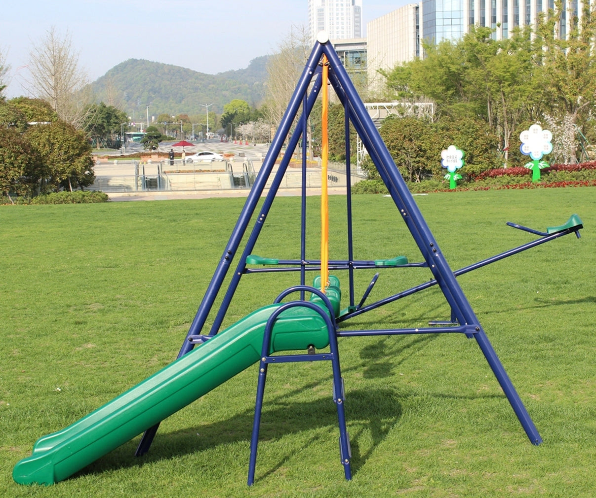 Metal Swing Set with Slide: Blue and Green Finish - Outdoor Playground Equipment-American Furniture Outlet