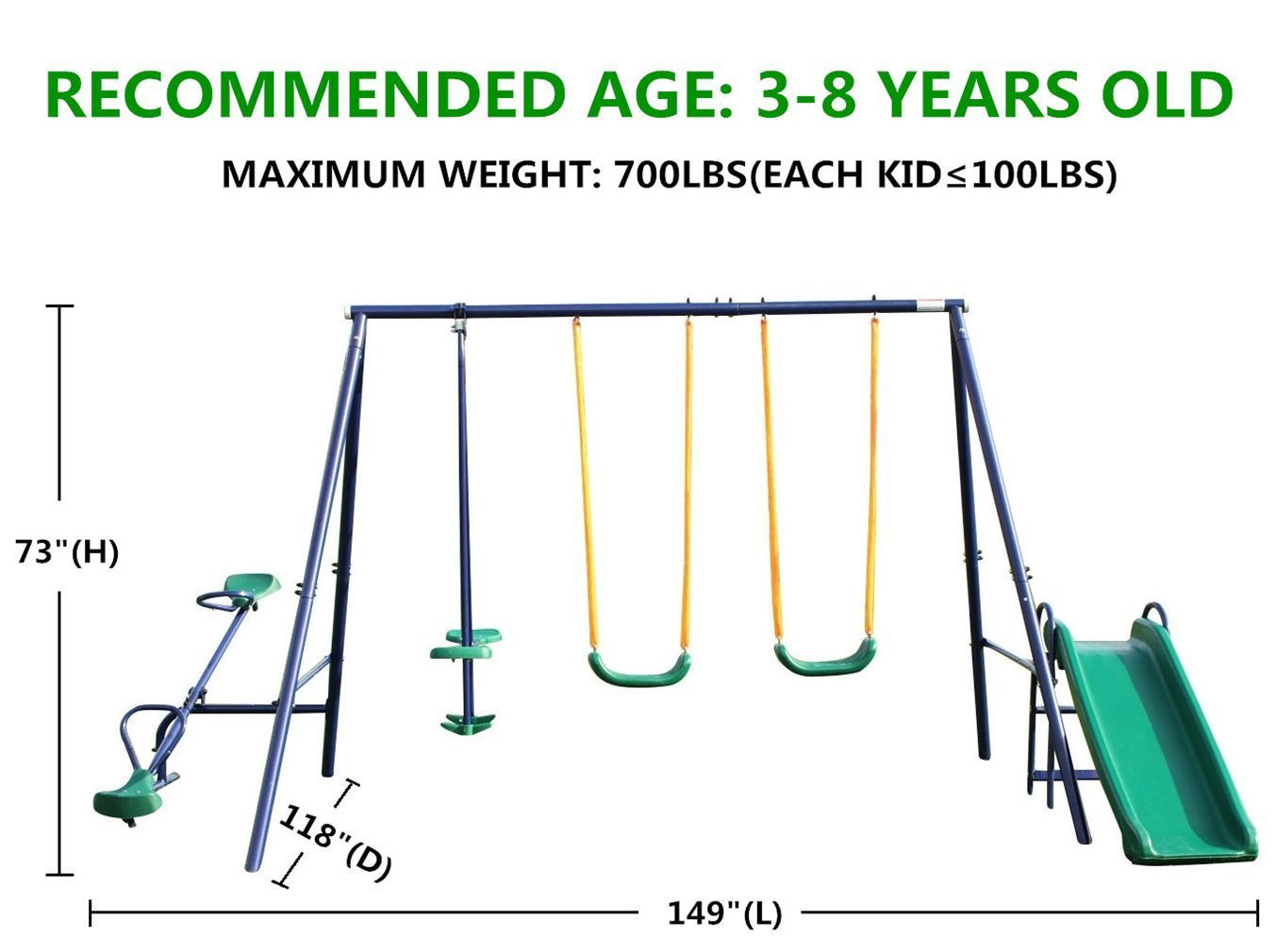 Metal Swing Set with Slide: Blue and Green Finish - Outdoor Playground Equipment-American Furniture Outlet