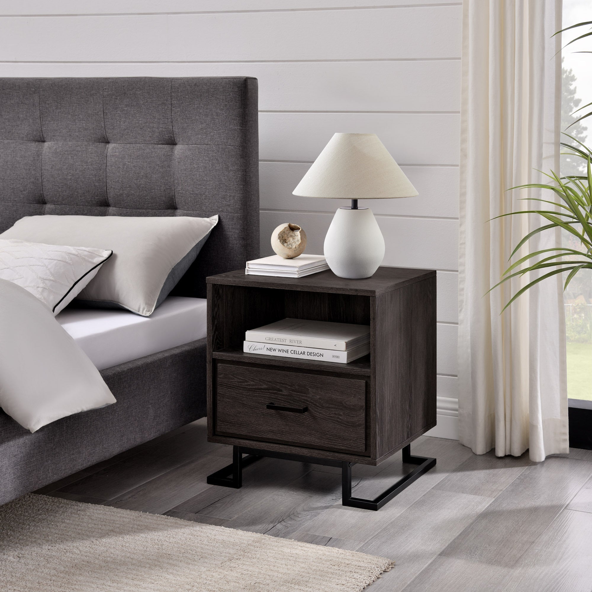 Metal & Wood Nightstand - 1 Drawer - Charcoal-American Furniture Outlet