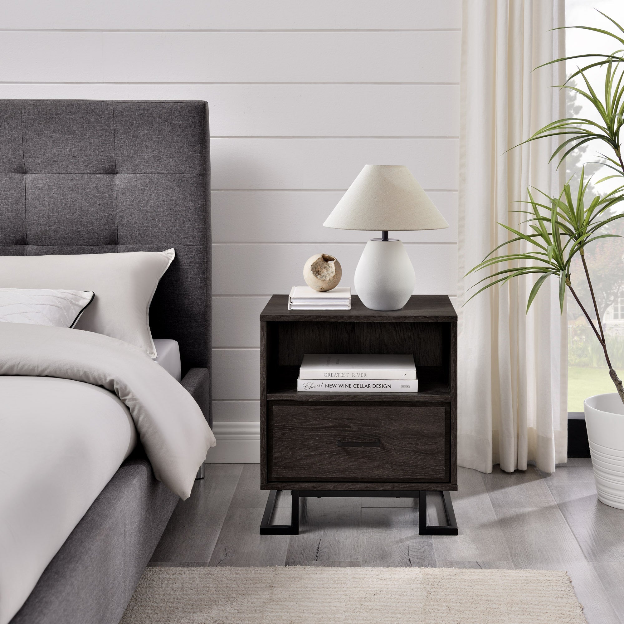 Metal & Wood Nightstand - 1 Drawer - Charcoal-American Furniture Outlet