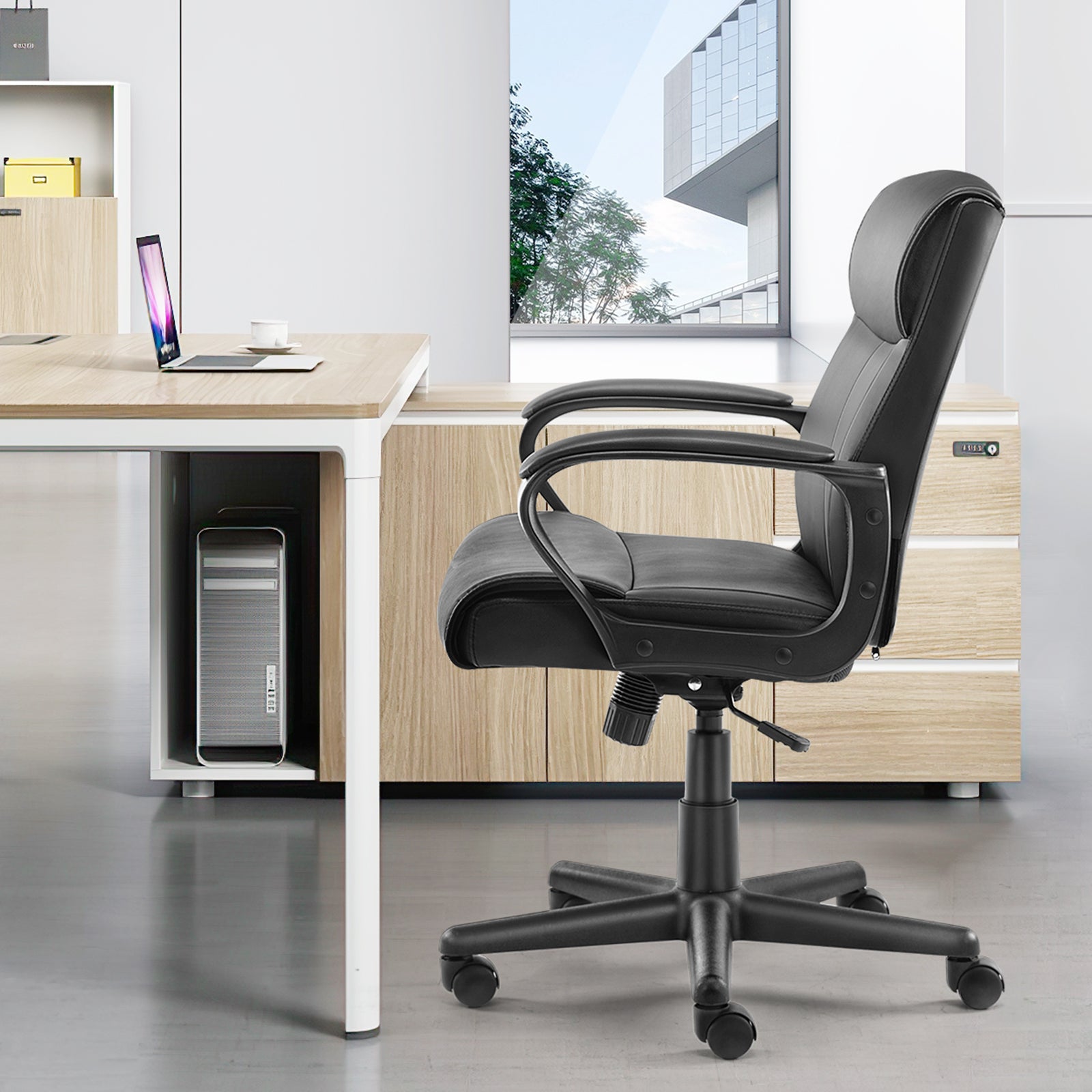 Mid Back Office Desk Chair with Padded Armrests, PU Leather-American Furniture Outlet