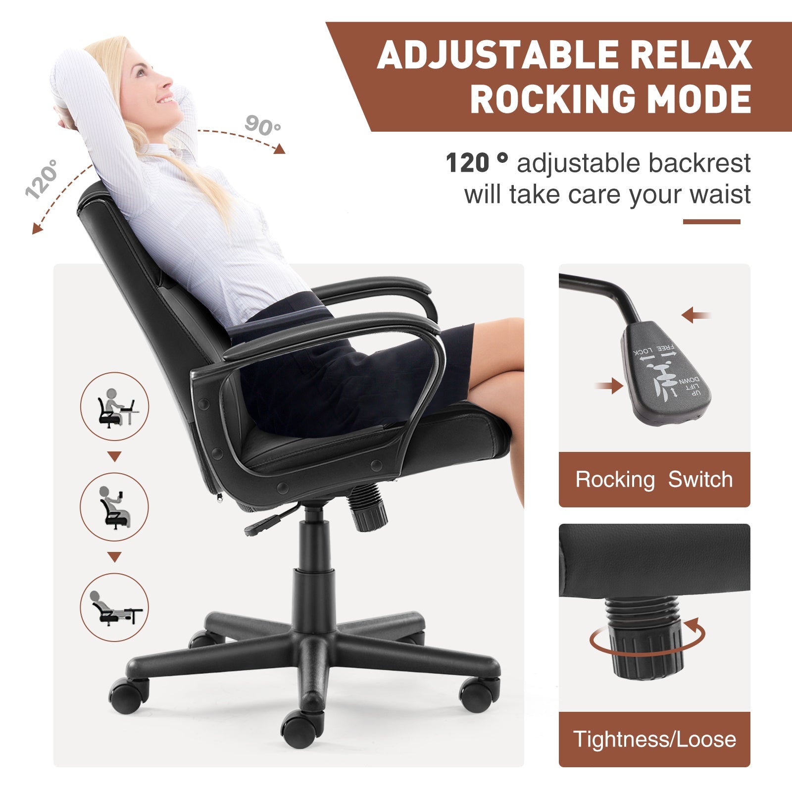 Mid Back Office Desk Chair with Padded Armrests, PU Leather-American Furniture Outlet