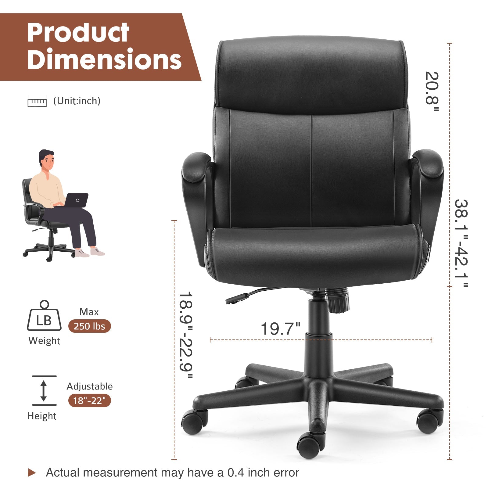 Mid Back Office Desk Chair with Padded Armrests, PU Leather-American Furniture Outlet