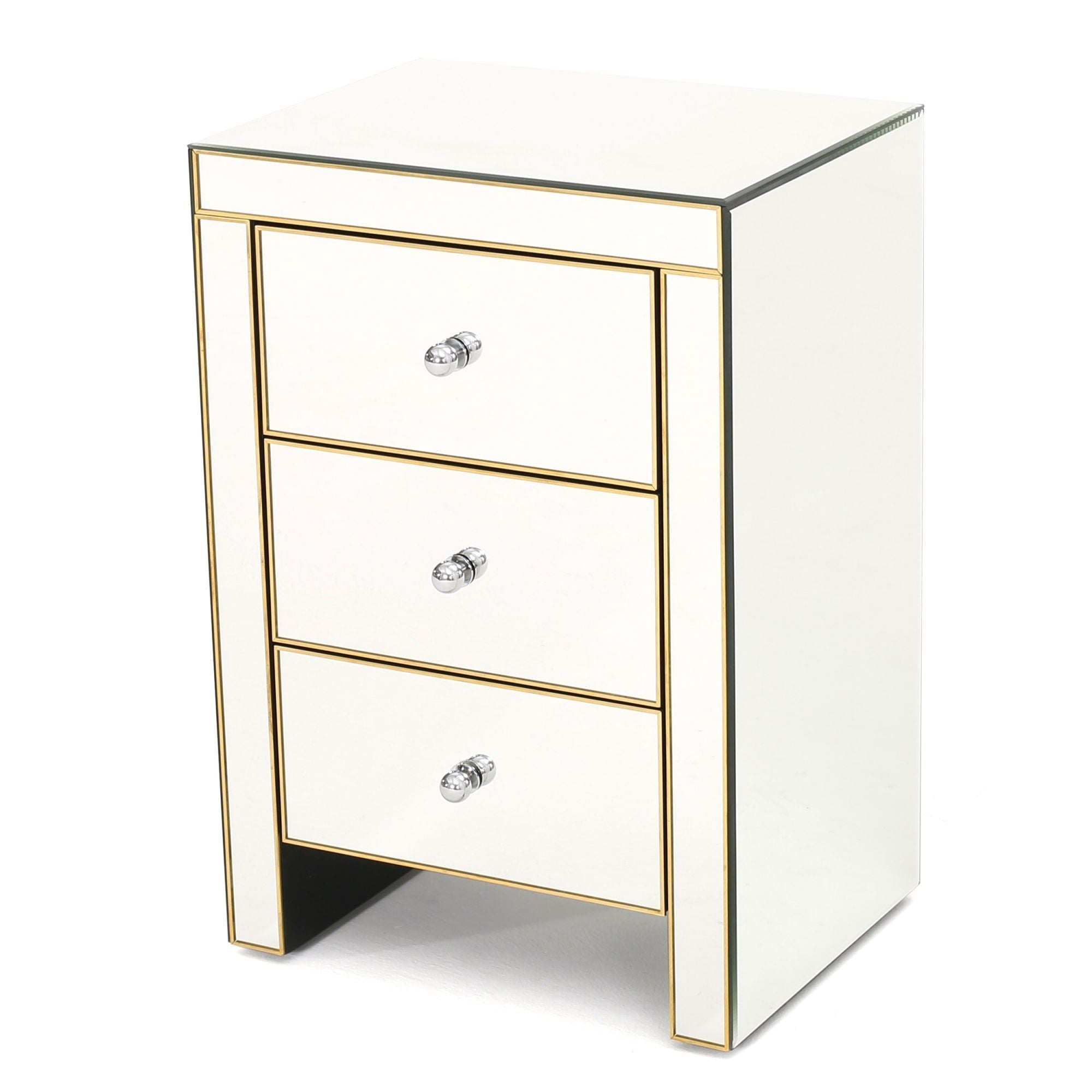 Mirrored Nightstand with 3 Drawers - Gold Accent Table-American Furniture Outlet
