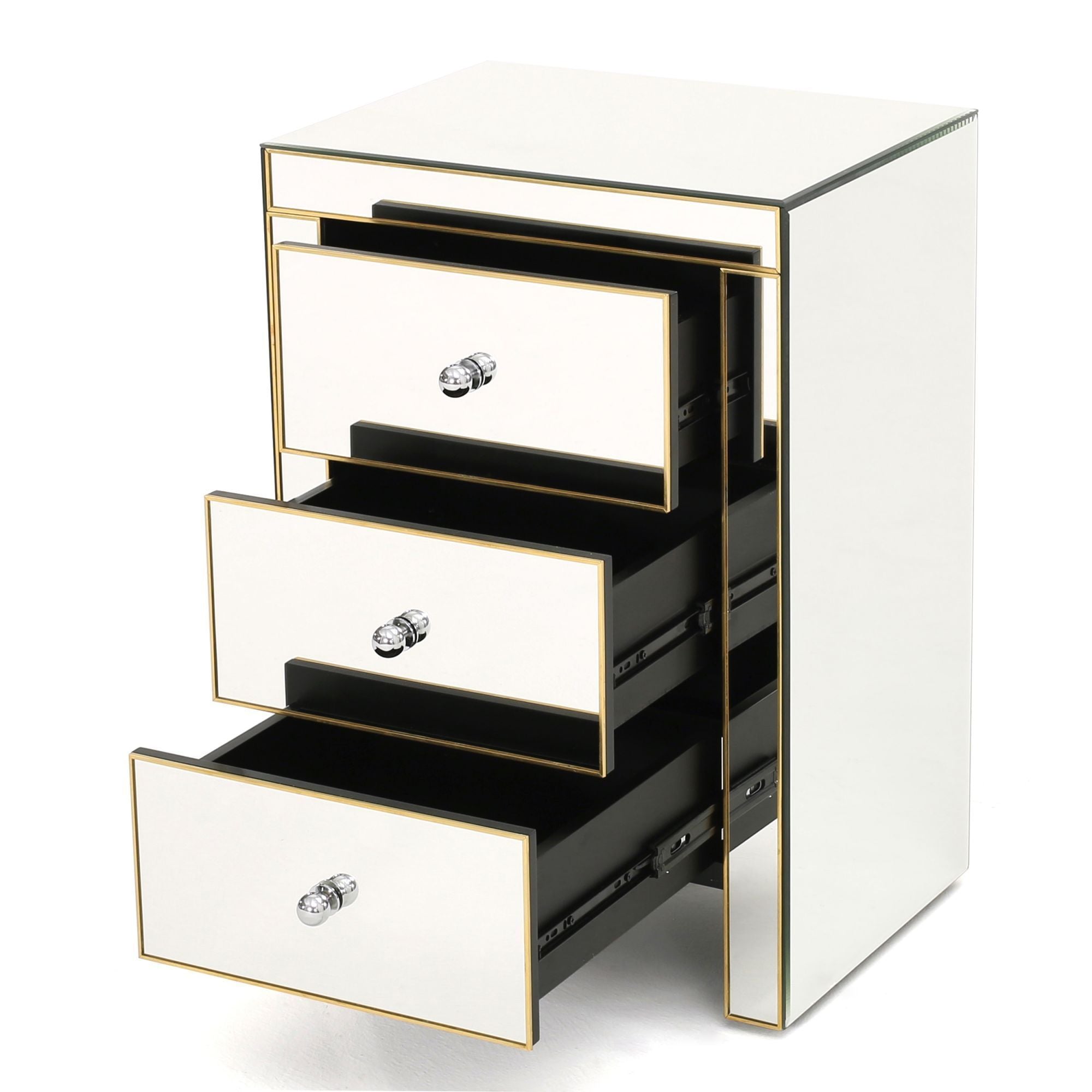 Mirrored Nightstand with 3 Drawers - Gold Accent Table-American Furniture Outlet