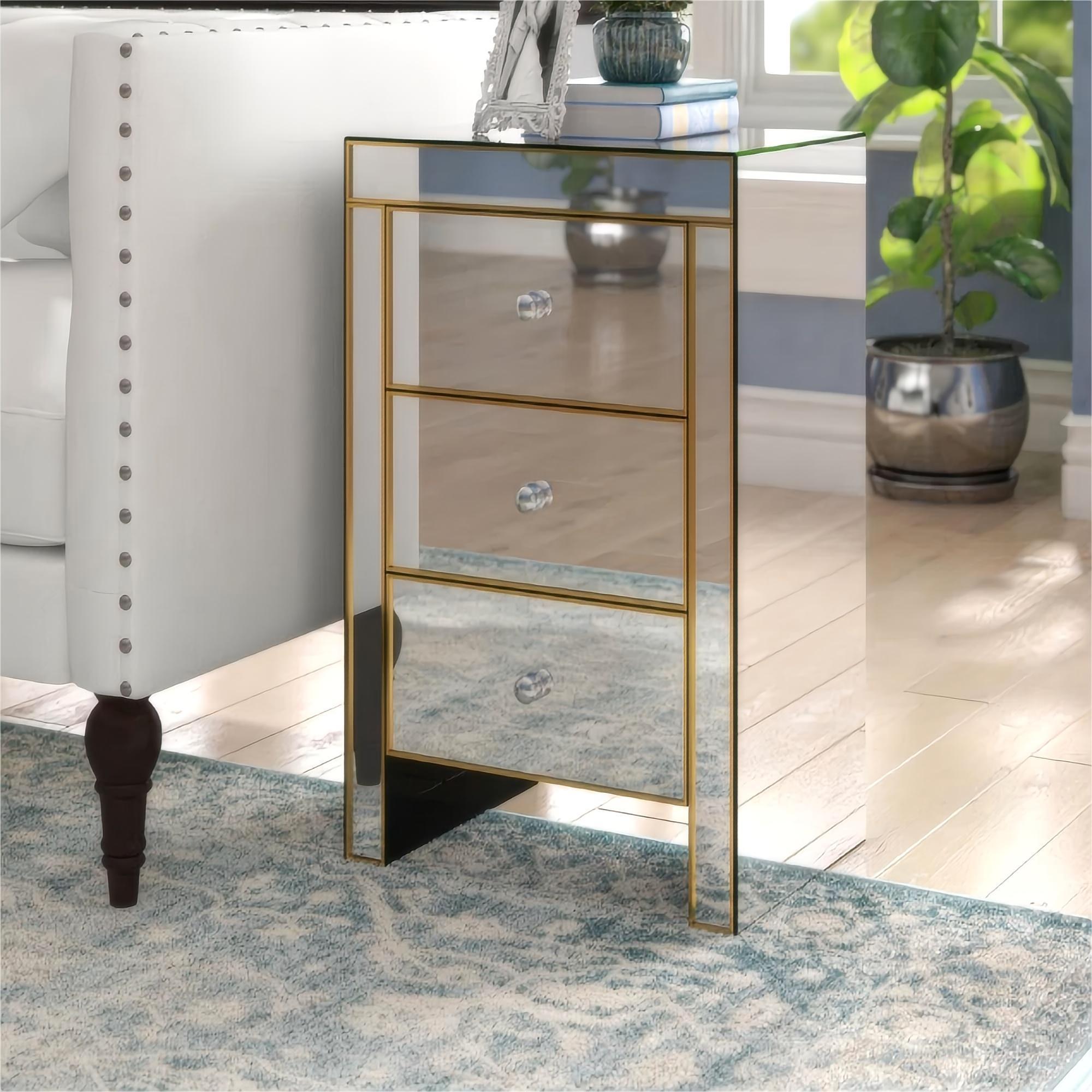 Mirrored Nightstand with 3 Drawers - Gold Accent Table-American Furniture Outlet