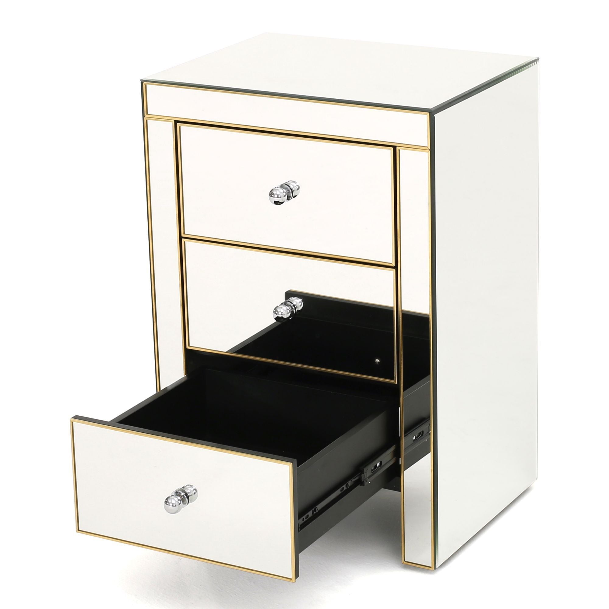 Mirrored Nightstand with 3 Drawers - Gold Accent Table-American Furniture Outlet