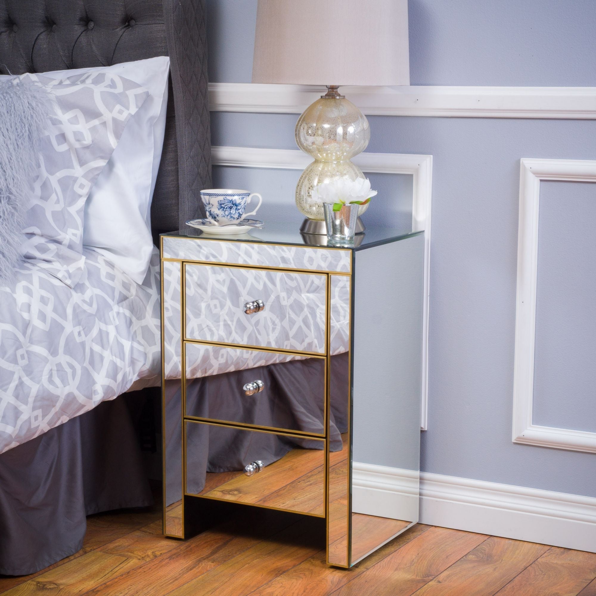 Mirrored Nightstand with 3 Drawers - Gold Accent Table-American Furniture Outlet