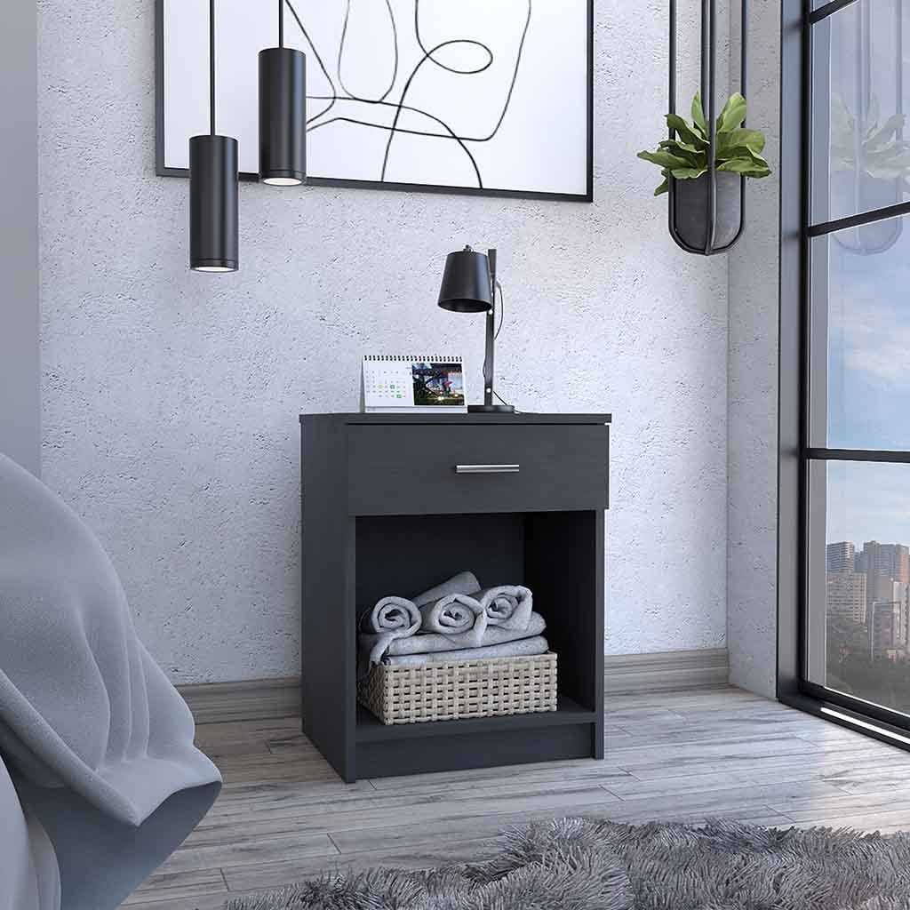 Modern Black Nightstand w/ Drawer & Shelf-American Furniture Outlet