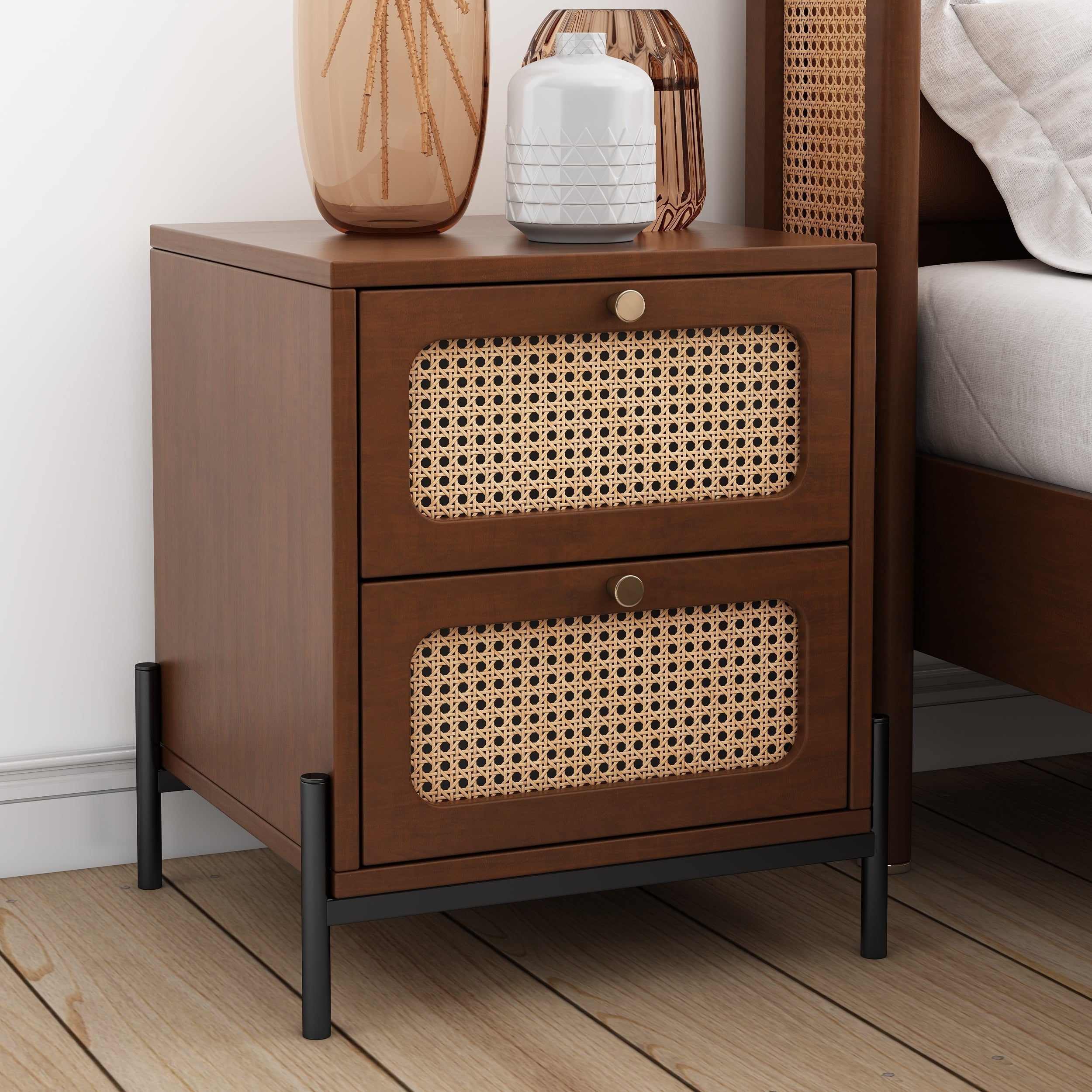 Modern Cannage Rattan Nightstand - 2 Drawers-American Furniture Outlet