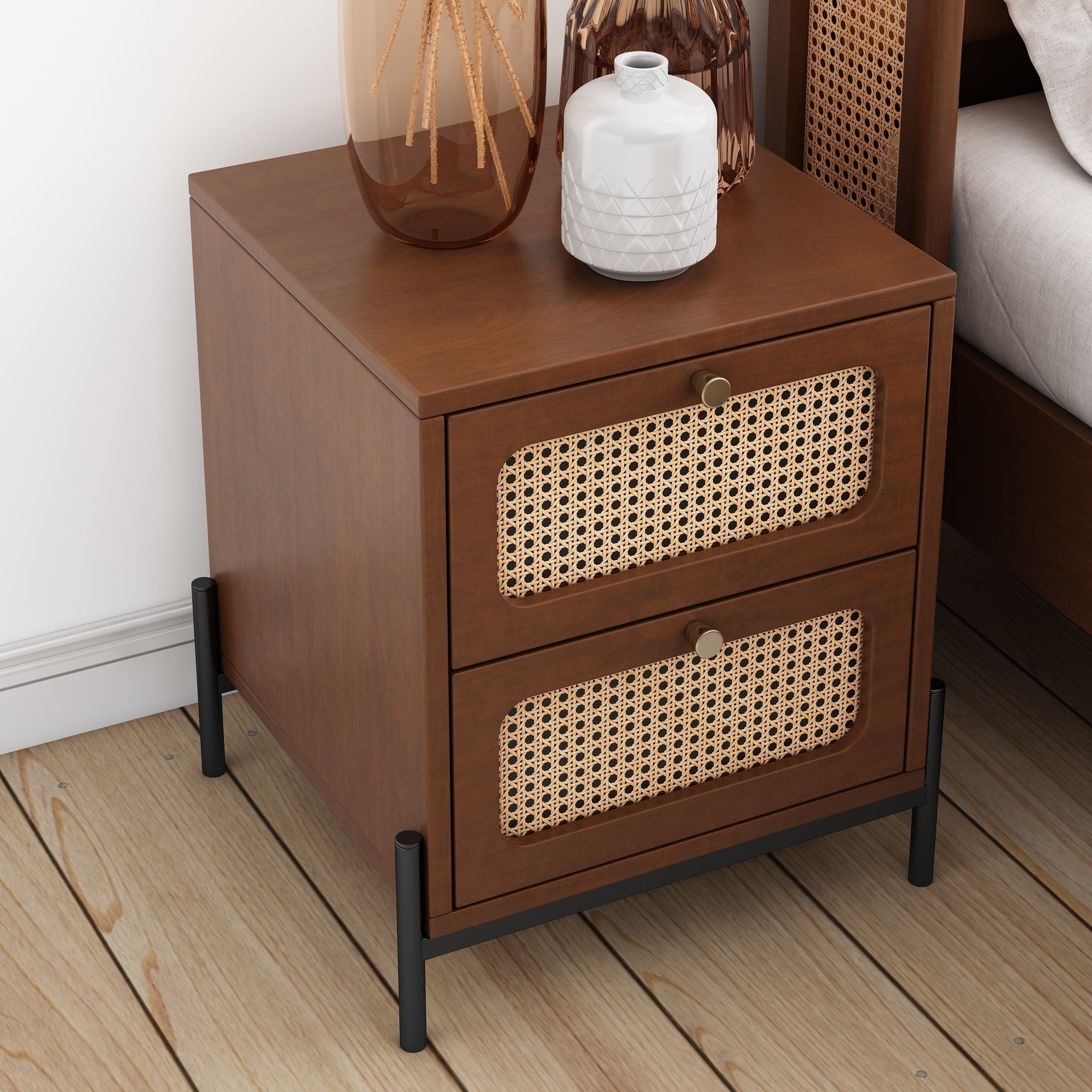 Modern Cannage Rattan Nightstand - 2 Drawers-American Furniture Outlet