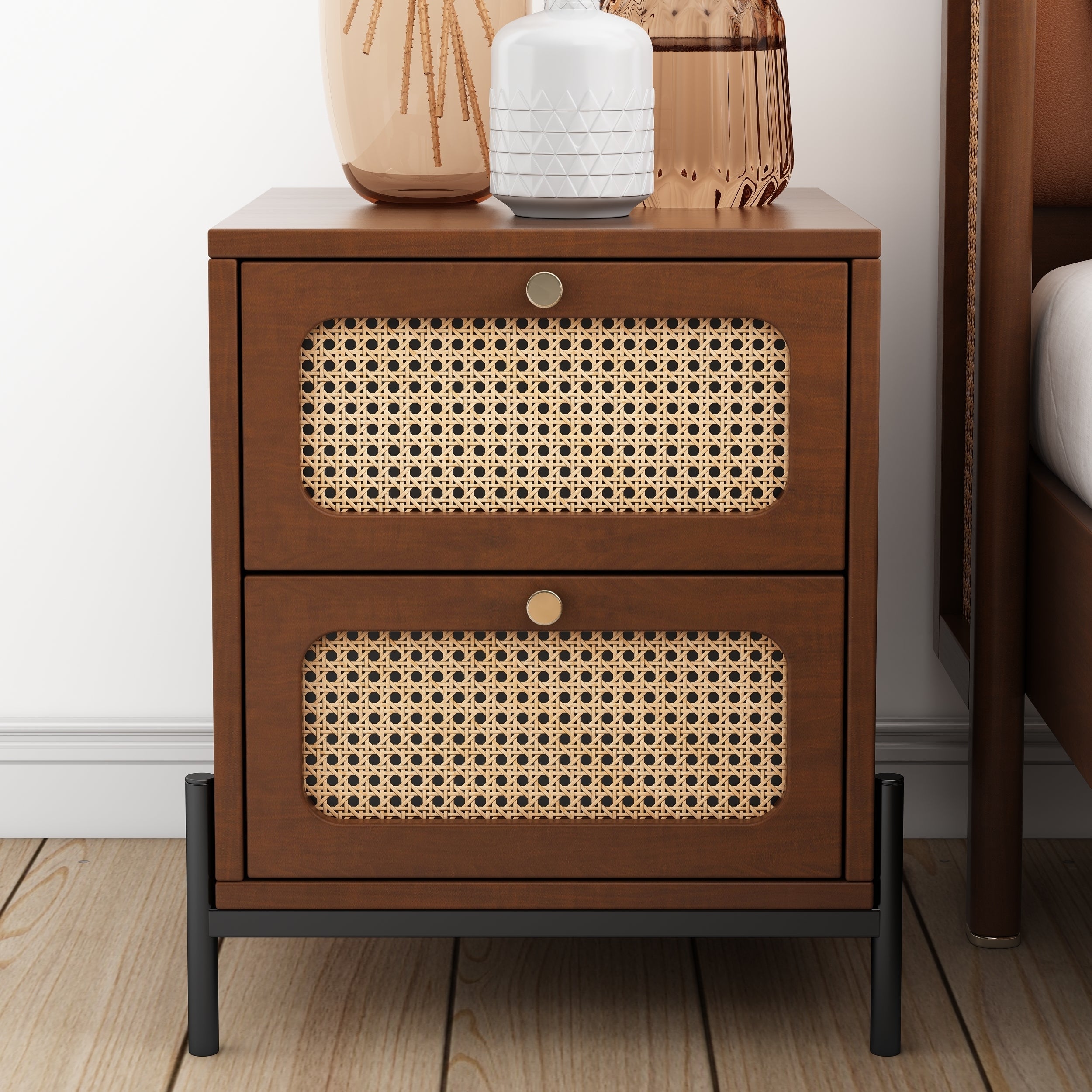 Modern Cannage Rattan Nightstand - 2 Drawers-American Furniture Outlet