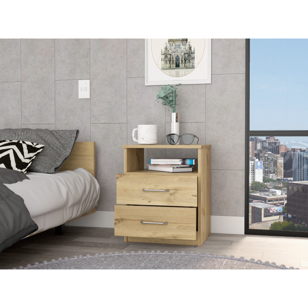 Modern Nightstand w/ 2 Drawers & Shelf - Light Oak-American Furniture Outlet