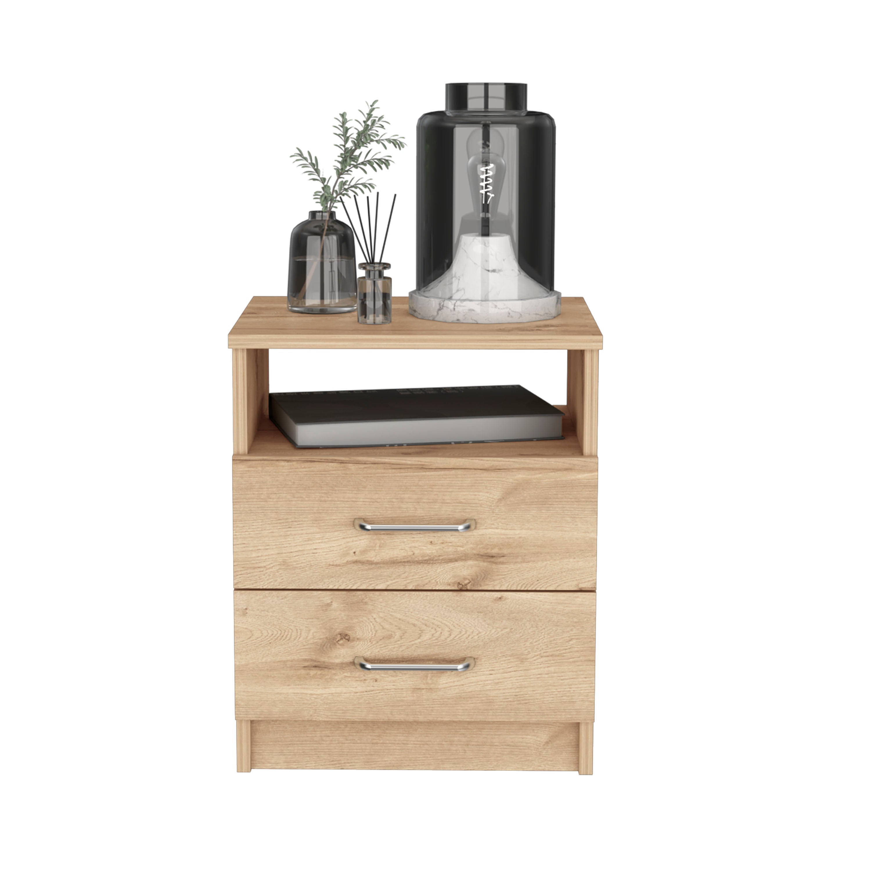 Modern Nightstand w/ 2 Drawers & Shelf - Light Oak-American Furniture Outlet