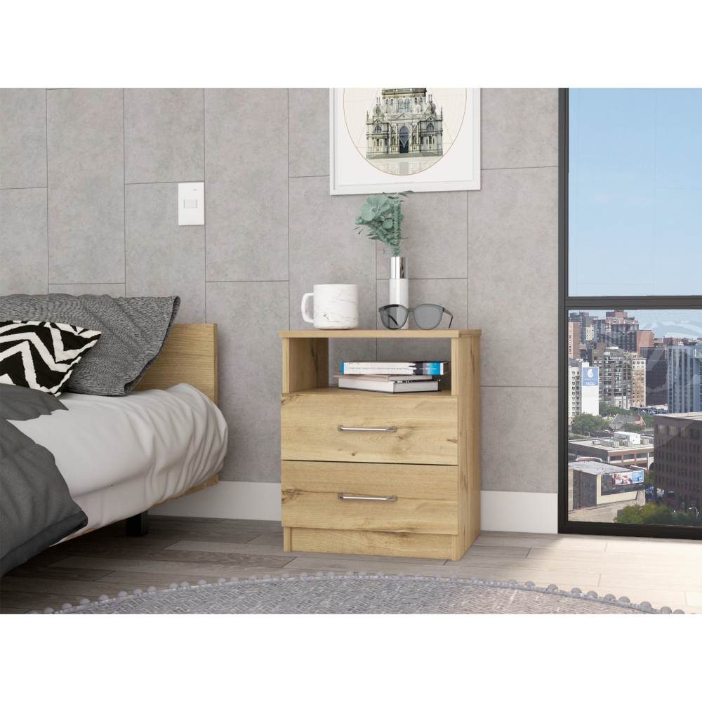 Modern Nightstand w/ 2 Drawers & Shelf - Light Oak-American Furniture Outlet