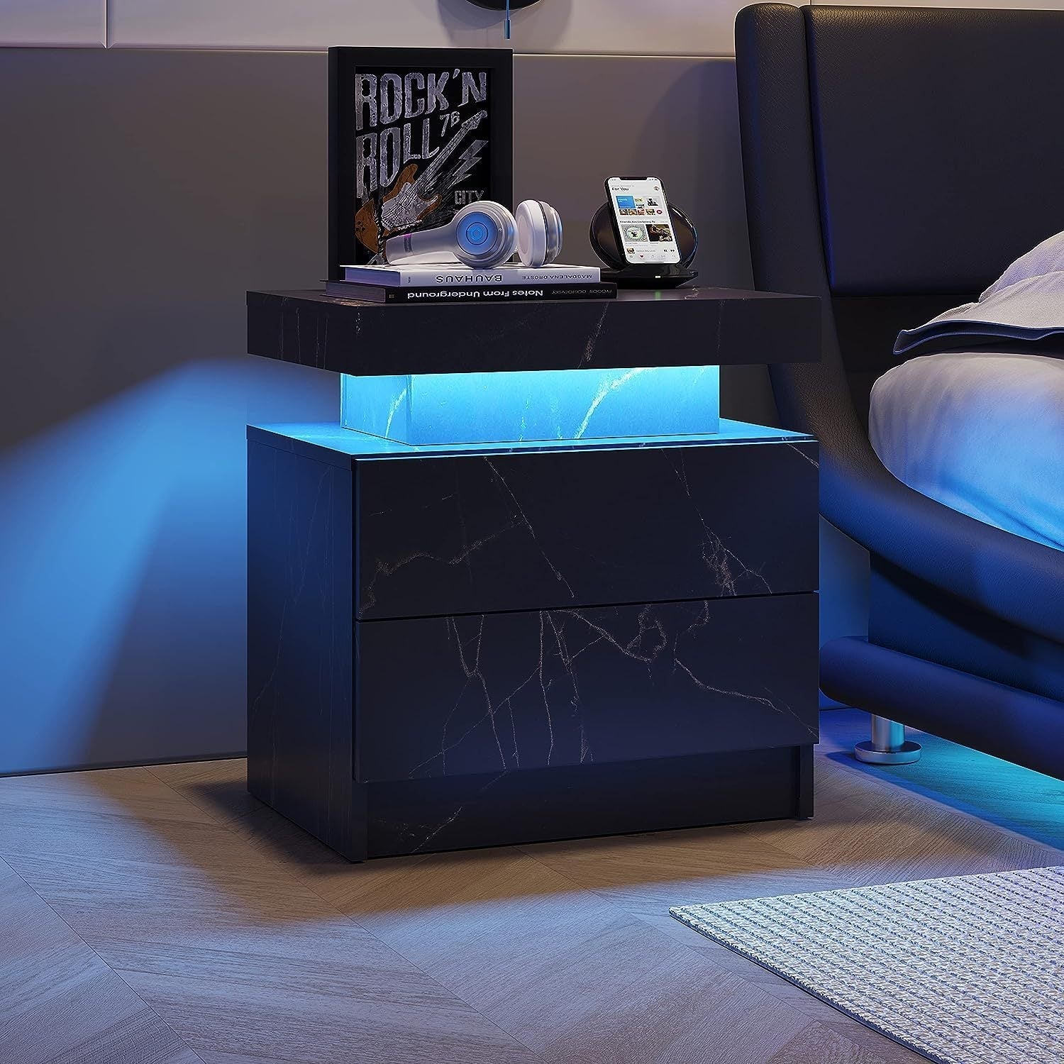 Modern Nightstand w/ LED Lights & 2 Drawers - Black Gold-American Furniture Outlet