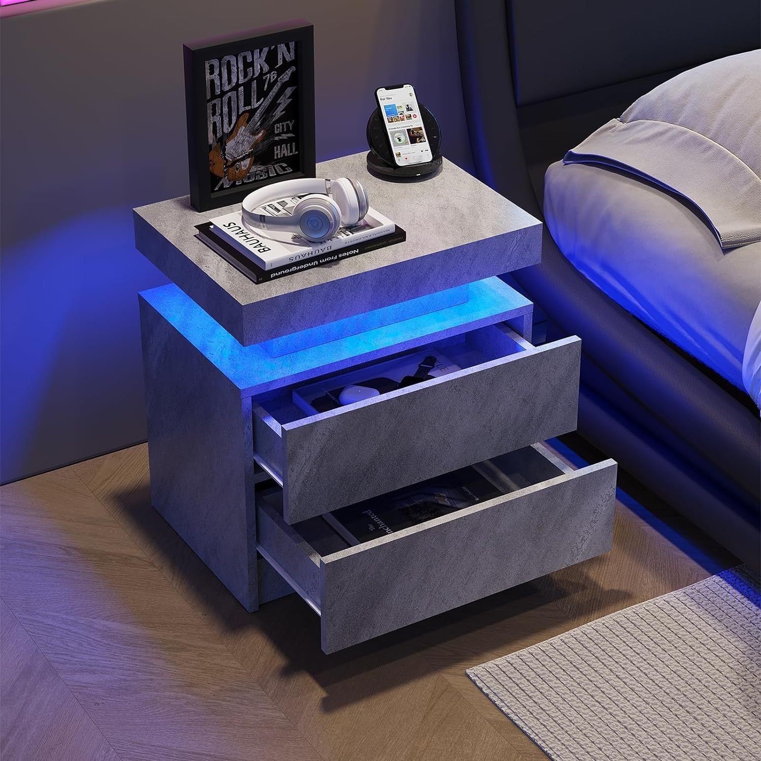 Modern Nightstand w/ LED Lights & 2 Drawers - Deep Gray-American Furniture Outlet