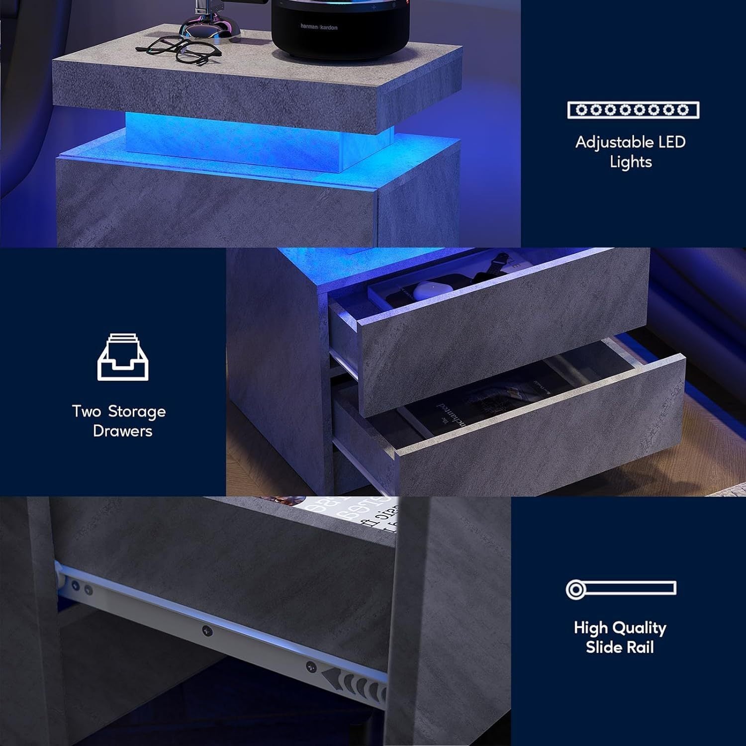 Modern Nightstand w/ LED Lights & 2 Drawers - Deep Gray-American Furniture Outlet