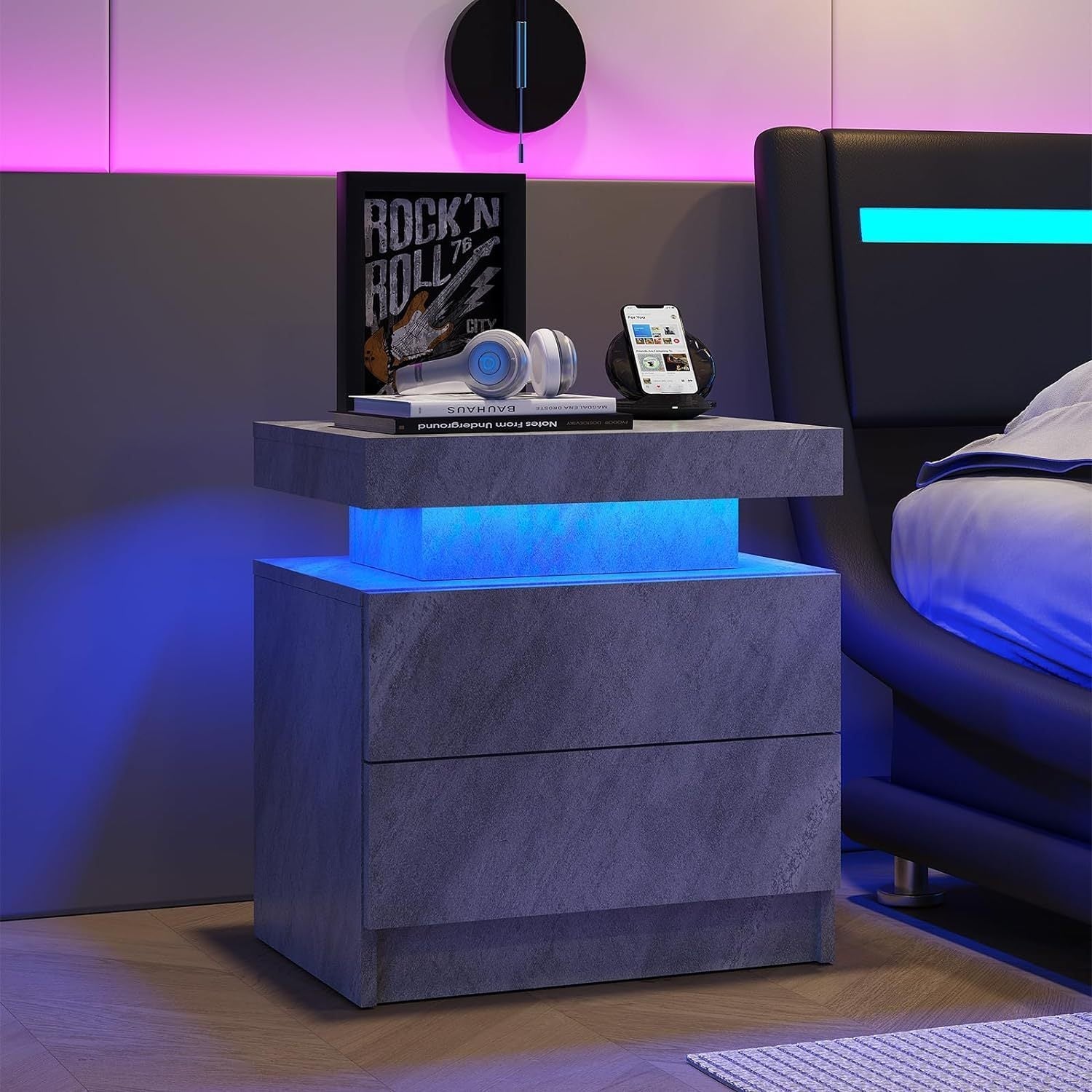 Modern Nightstand w/ LED Lights & 2 Drawers - Deep Gray-American Furniture Outlet