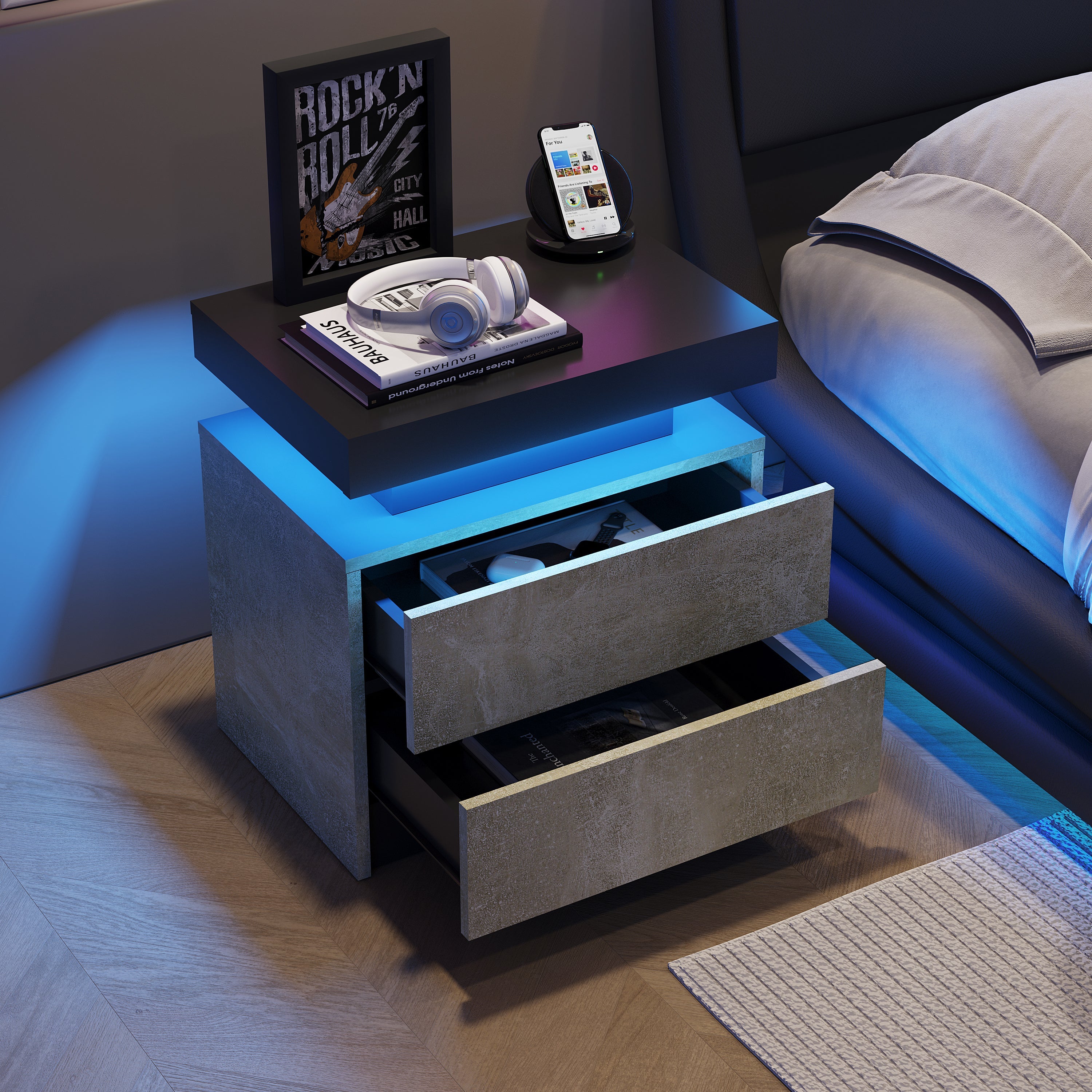 Modern Nightstand w/ LED Lights & 2 Drawers - Gray-American Furniture Outlet
