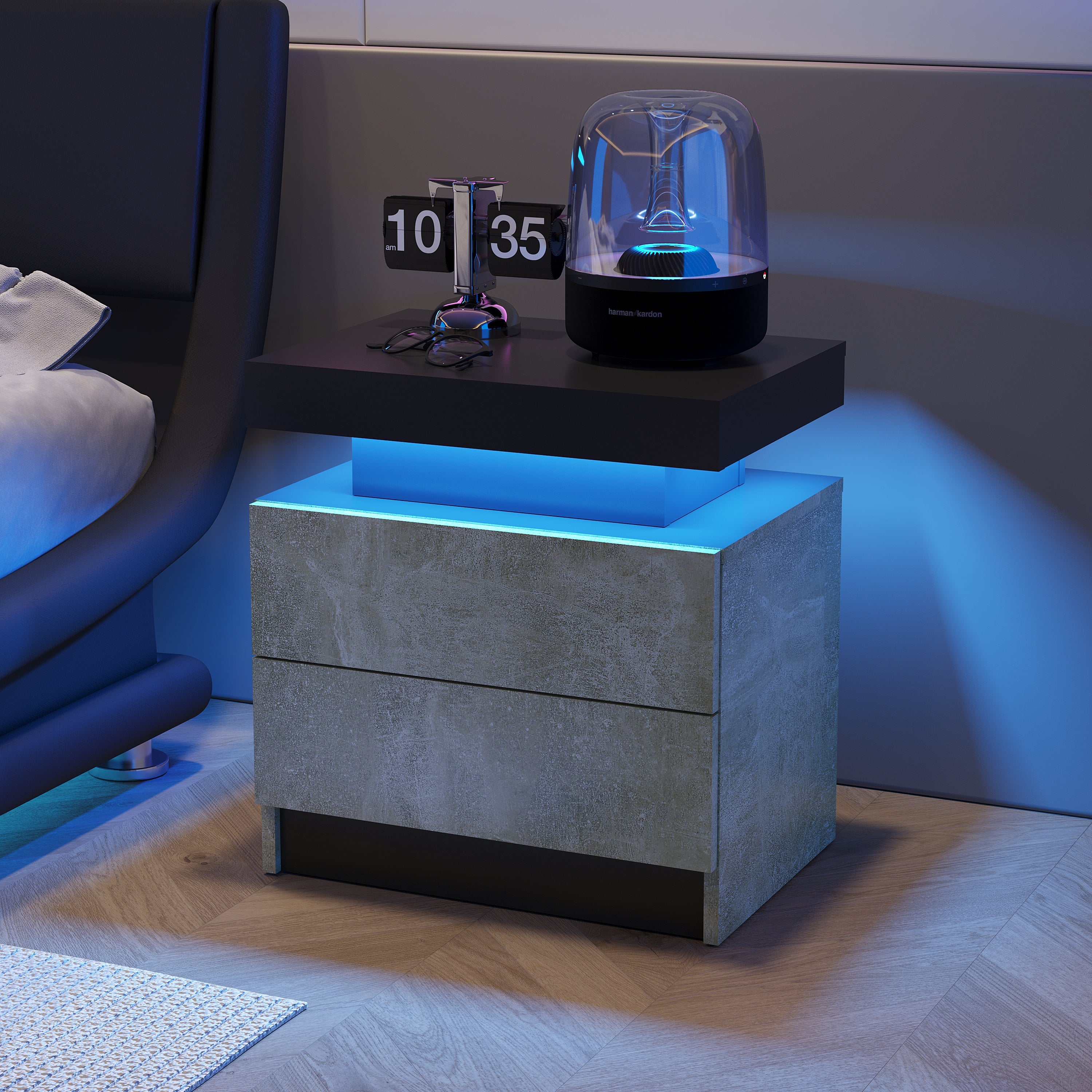 Modern Nightstand w/ LED Lights & 2 Drawers - Gray-American Furniture Outlet
