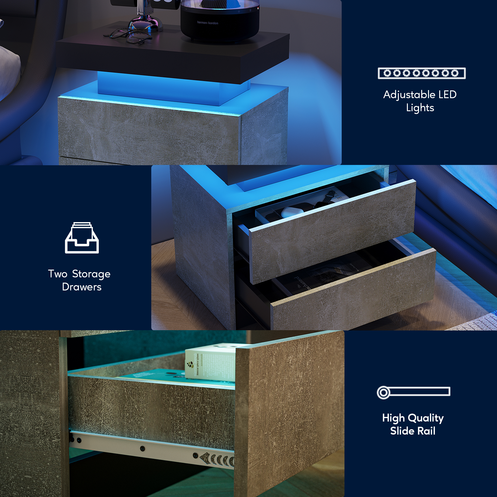 Modern Nightstand w/ LED Lights & 2 Drawers - Gray-American Furniture Outlet