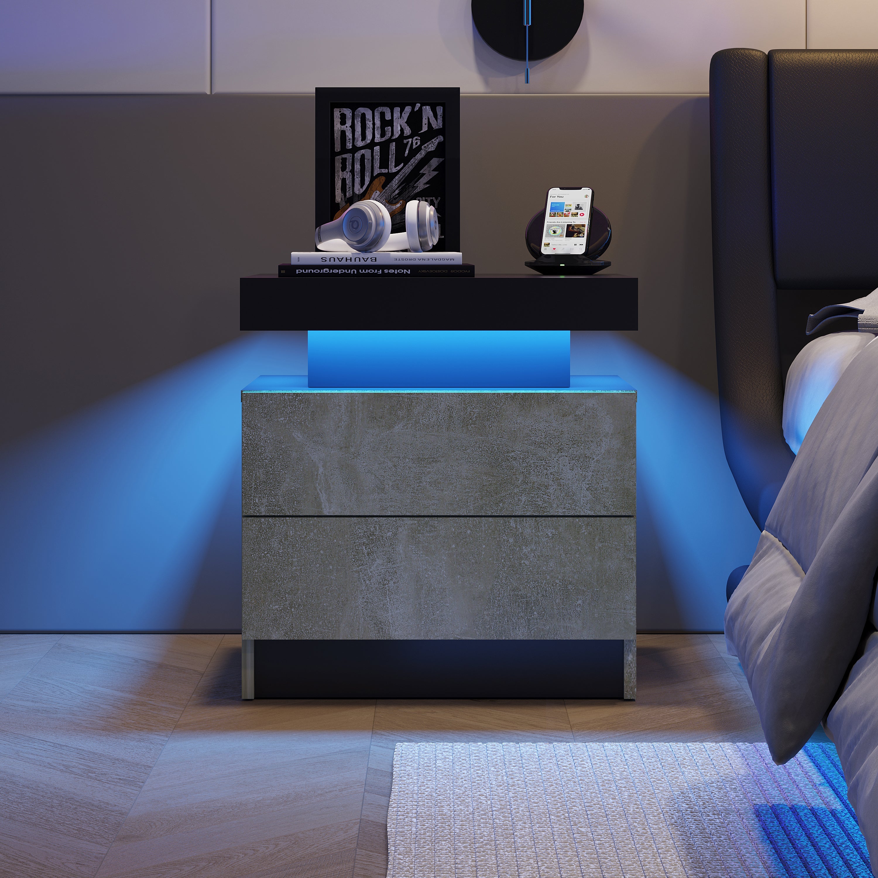 Modern Nightstand w/ LED Lights & 2 Drawers - Gray-American Furniture Outlet