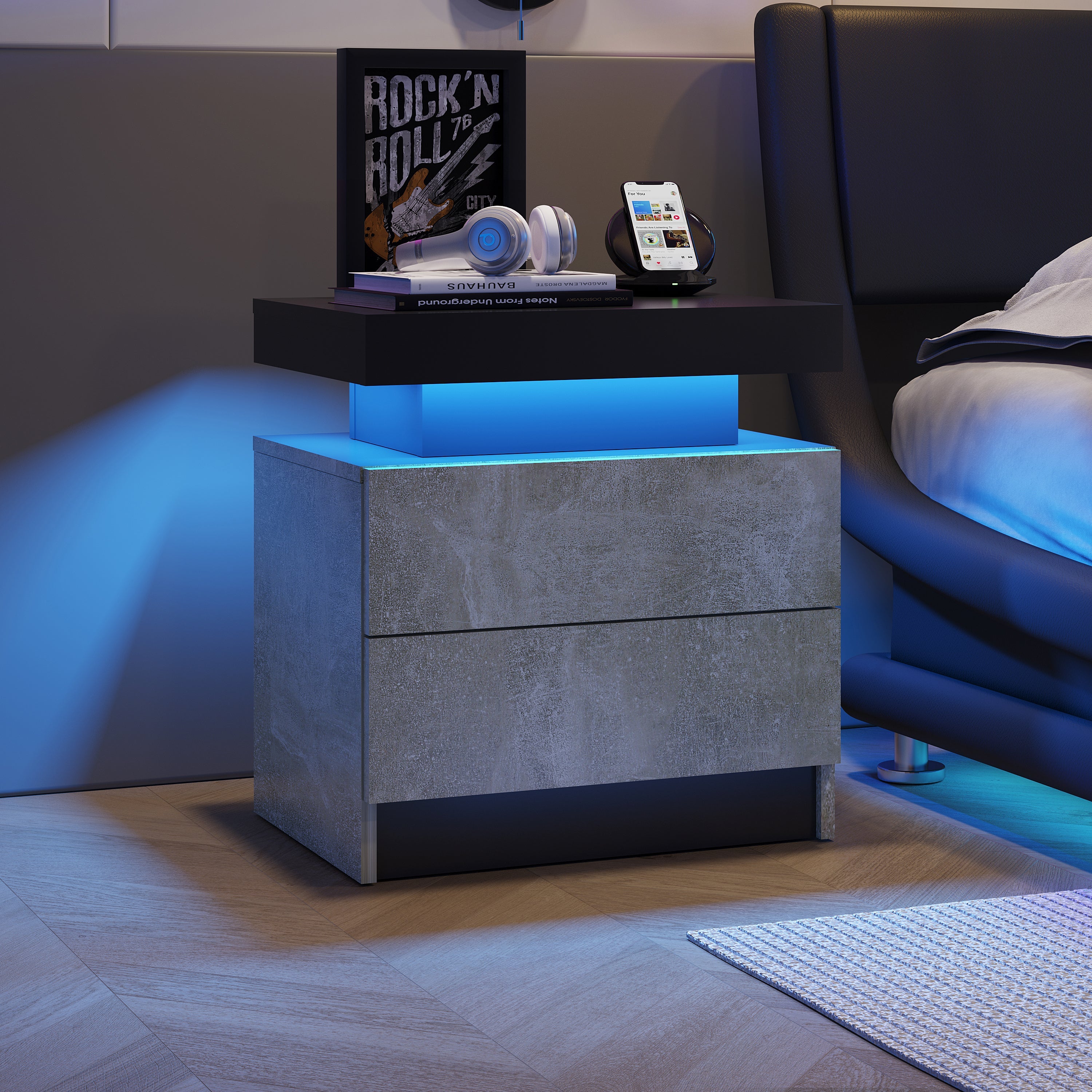 Modern Nightstand w/ LED Lights & 2 Drawers - Gray-American Furniture Outlet